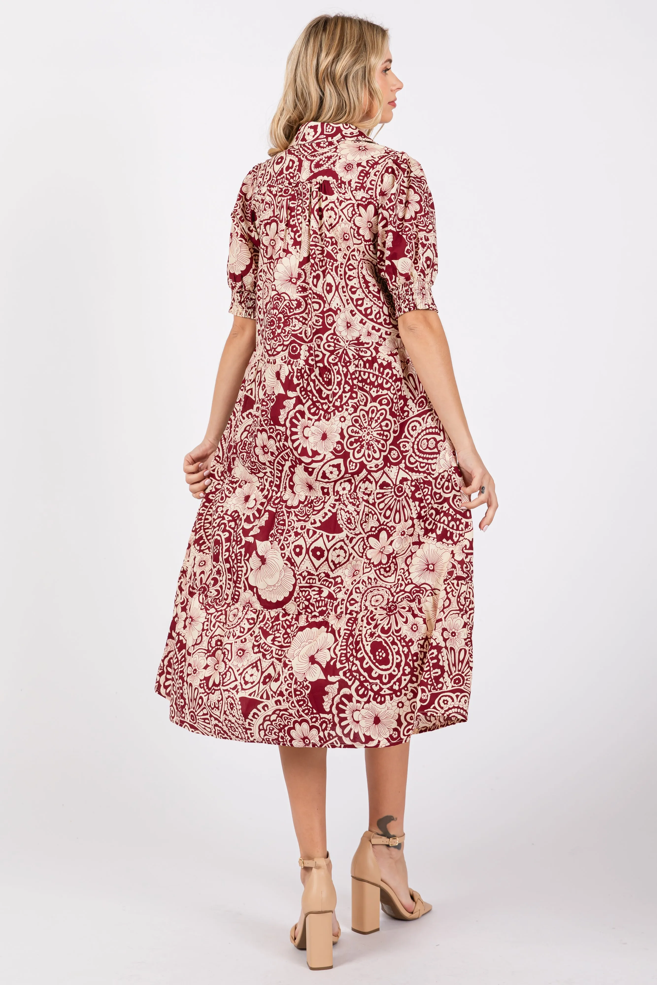 Burgundy Floral Collared Tiered Midi Dress sold by Pinkblush product image thumbnail 3