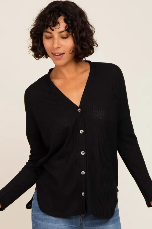 Black Waffle Knit Button Down Top sold by Pinkblush