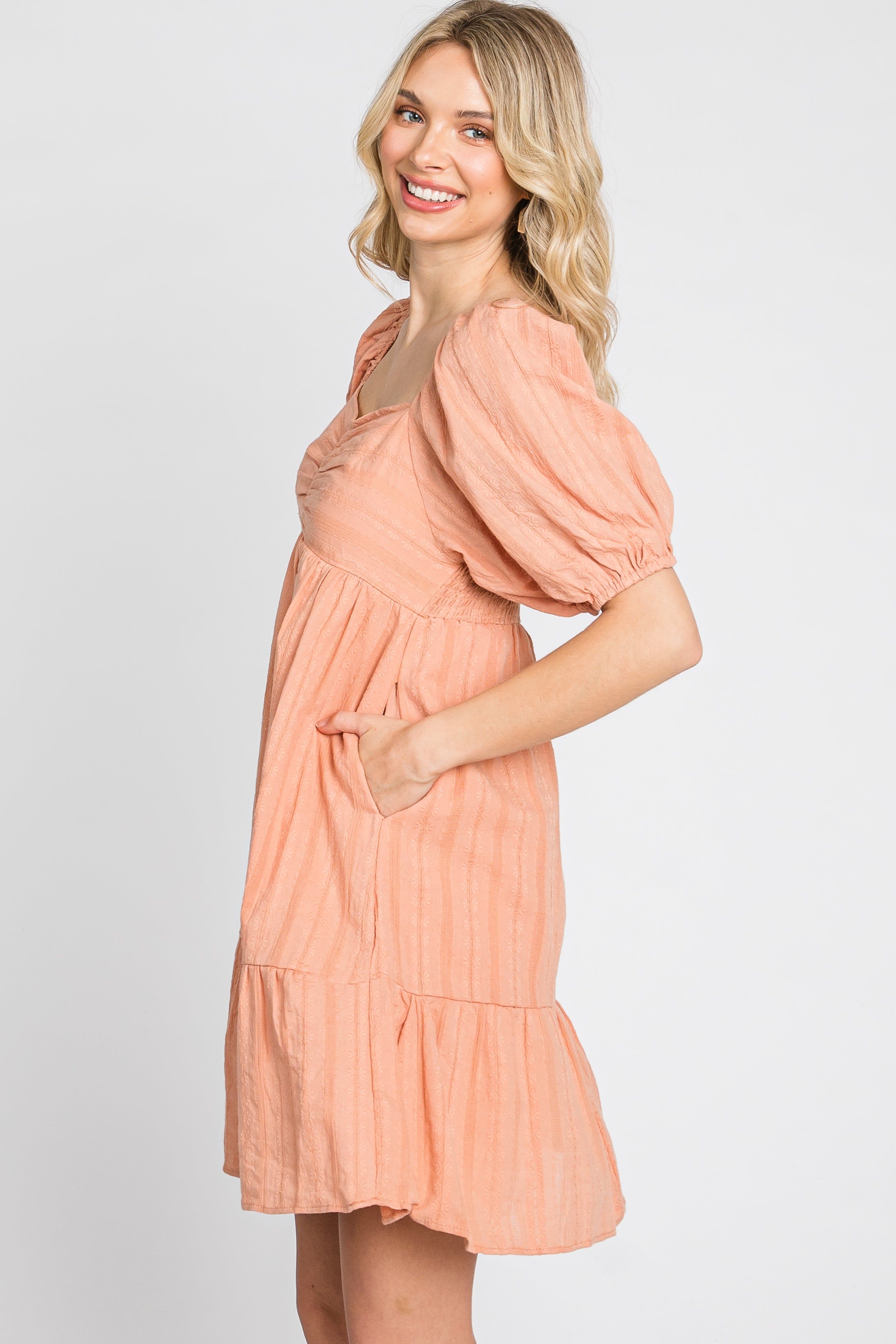 Peach Flower Embroidered Sweetheart Neck Bubble Sleeve Dress sold by Pinkblush product image thumbnail 4