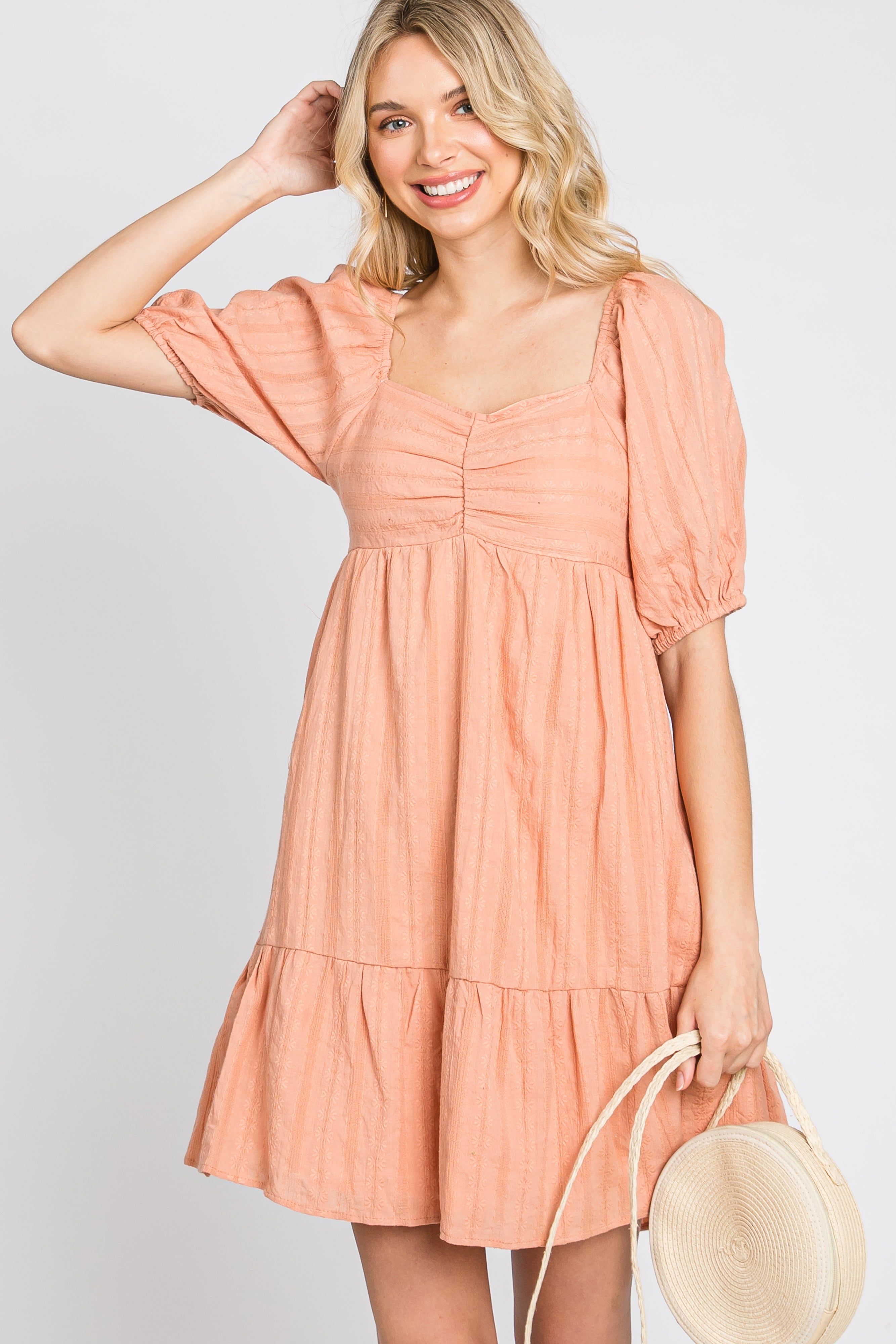 Peach Flower Embroidered Sweetheart Neck Bubble Sleeve Dress sold by Pinkblush