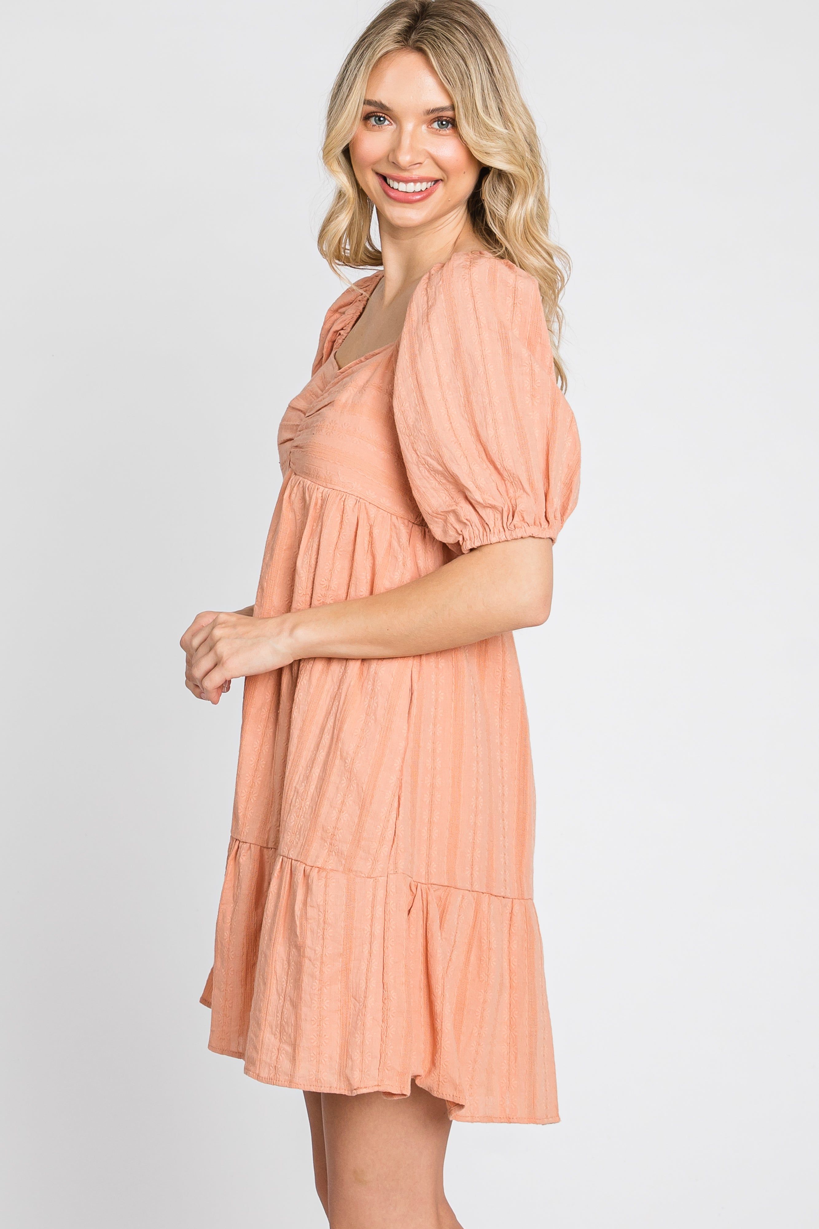 Peach Flower Embroidered Sweetheart Neck Bubble Sleeve Dress sold by Pinkblush product image thumbnail 5