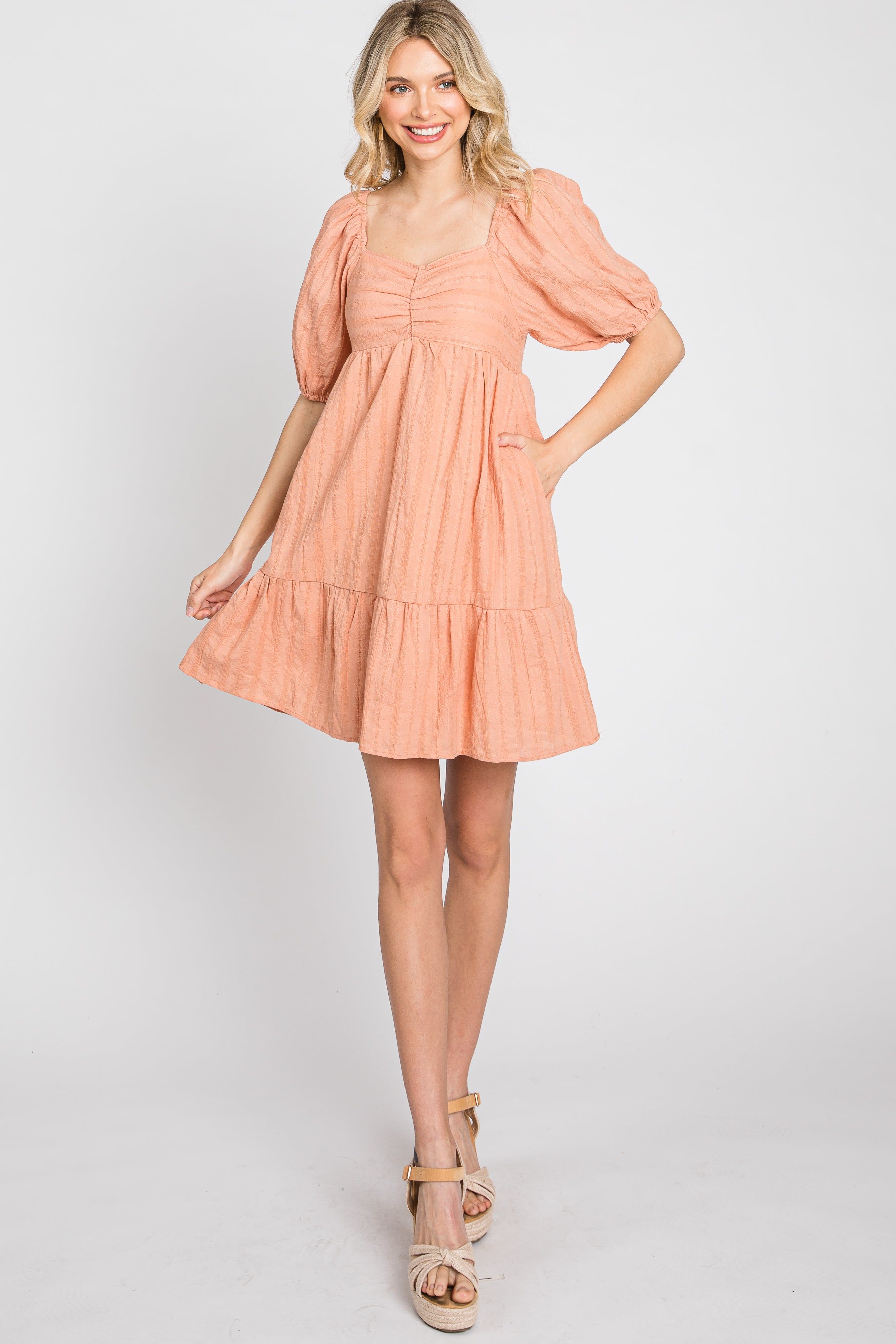 Peach Flower Embroidered Sweetheart Neck Bubble Sleeve Dress sold by Pinkblush product image thumbnail 2
