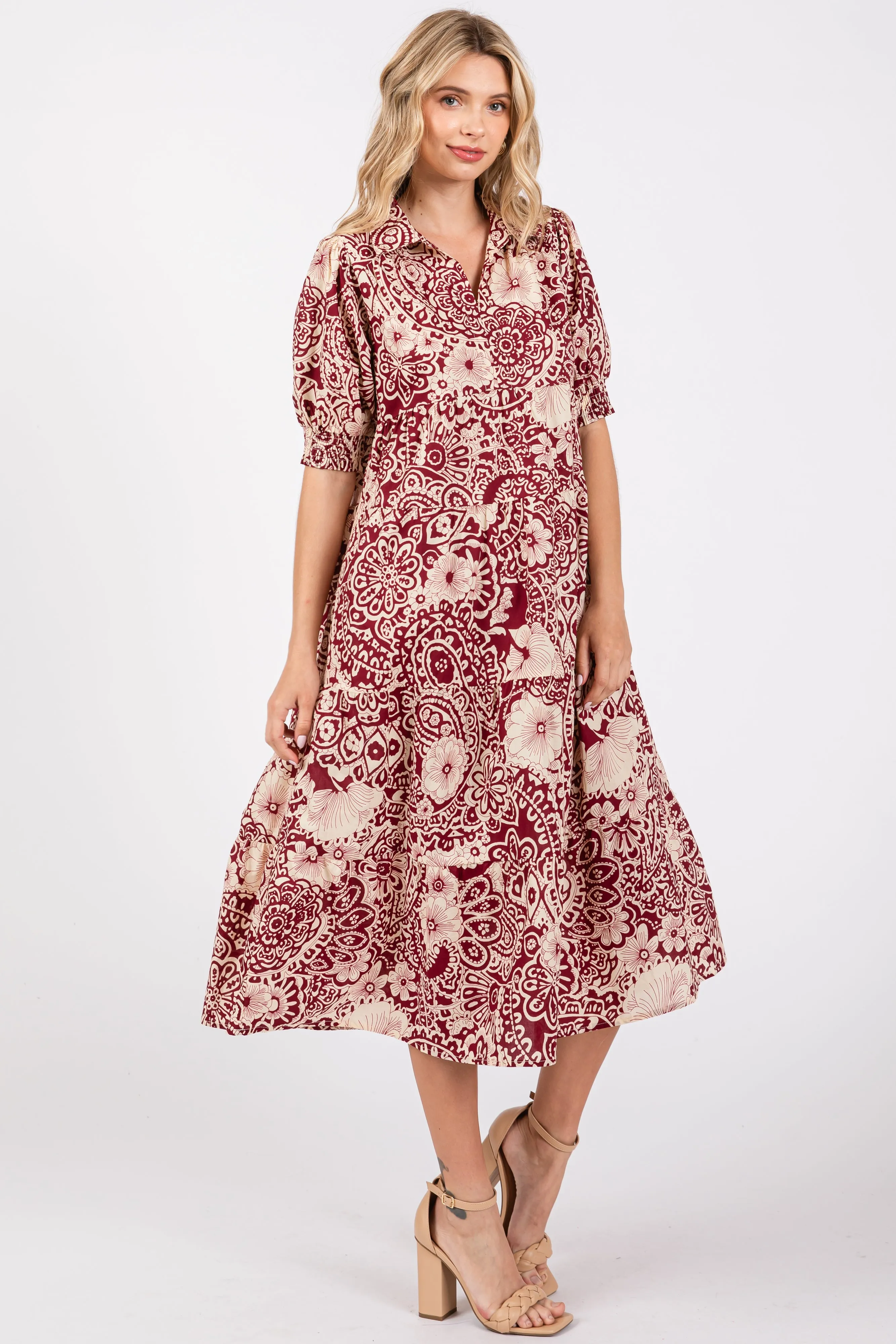 Burgundy Floral Collared Tiered Midi Dress sold by Pinkblush product image thumbnail 2