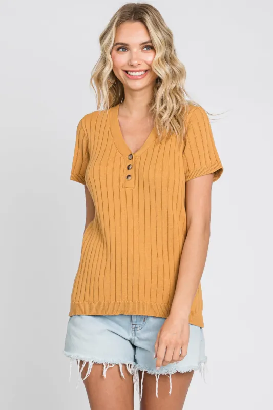 Camel Ribbed Knit Button Top sold by Pinkblush