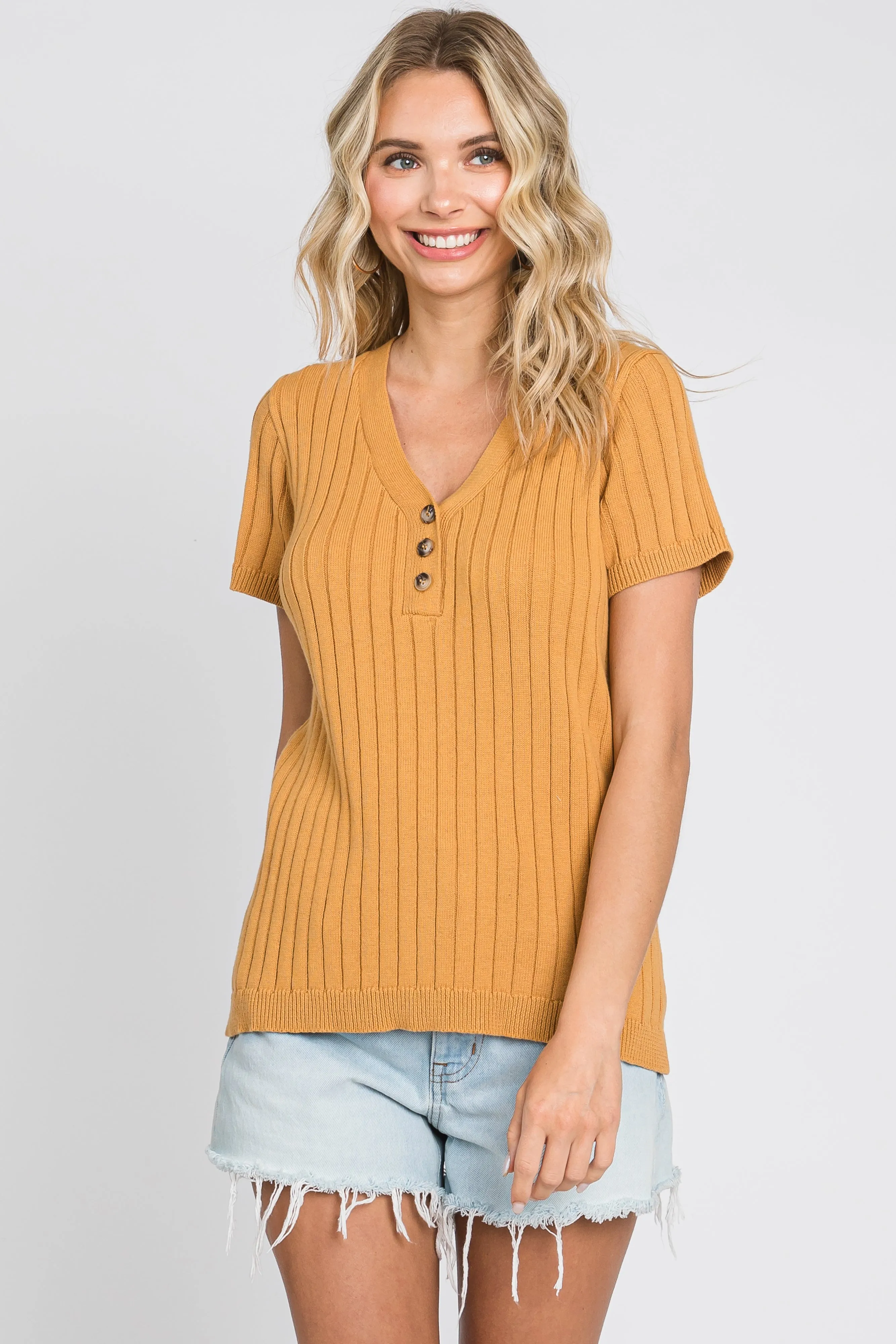 Camel Ribbed Knit Button Top sold by Pinkblush