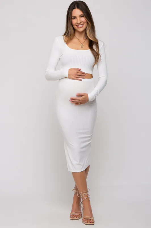 White Ribbed Maternity Crop Top Midi Skirt Set sold by Pinkblush