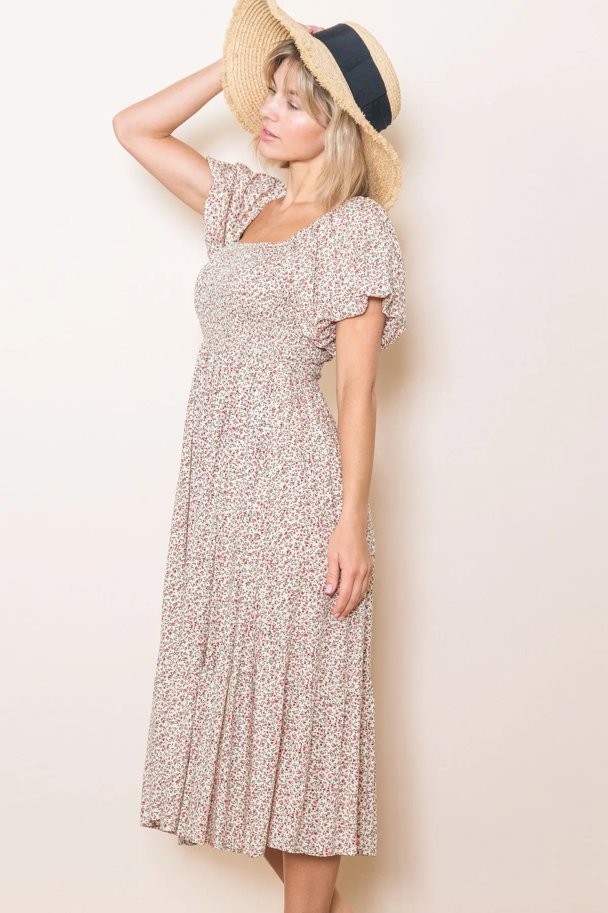 Cream Floral Smocked Midi Dress sold by Pinkblush product image thumbnail 3