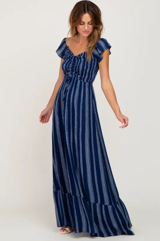 Navy Blue Striped Off Shoulder Front Tie Maxi Dress sold by Pinkblush