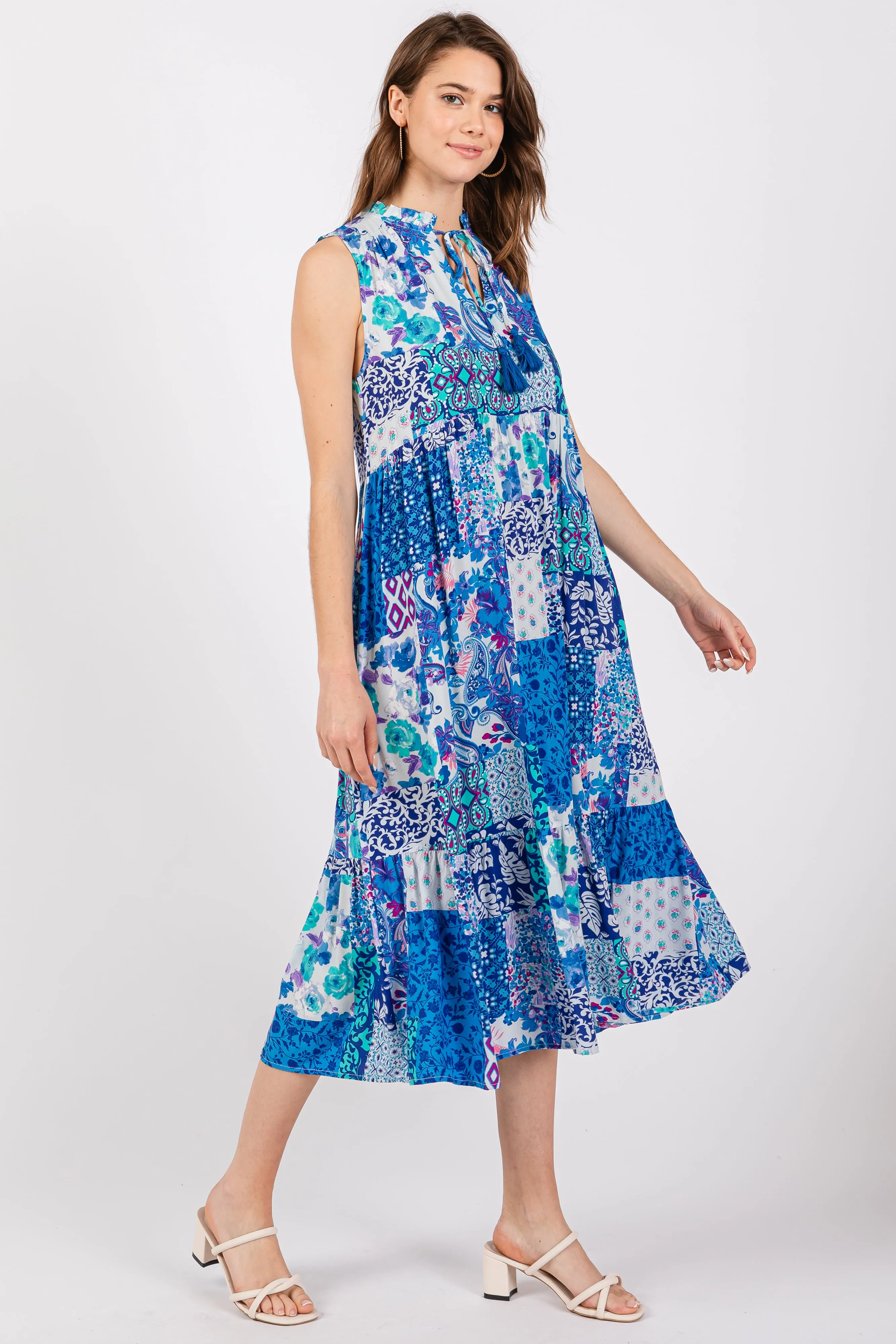 Blue Floral Paisley Tassel Tie Ruffle Hem Midi Dress sold by Pinkblush product image thumbnail 2