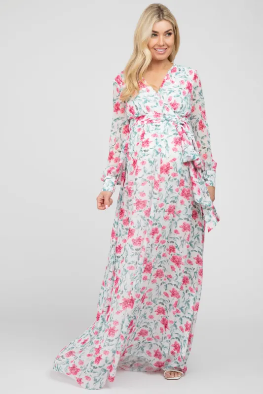 Ivory Floral Chiffon Long Sleeve Pleated Maternity Maxi Dress sold by Pinkblush