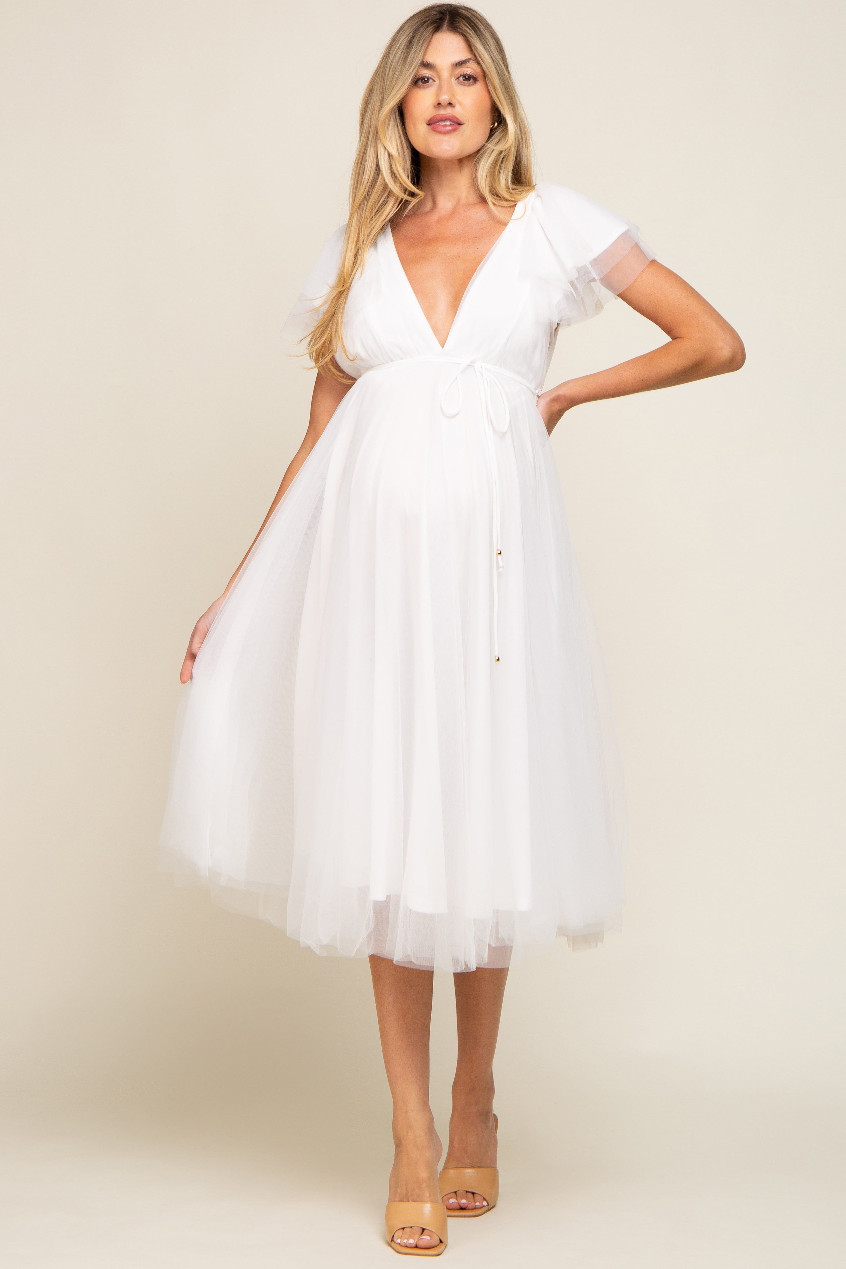 White Tulle V-Neck Flutter Sleeve Maternity Midi Dress sold by Pinkblush product image thumbnail 4