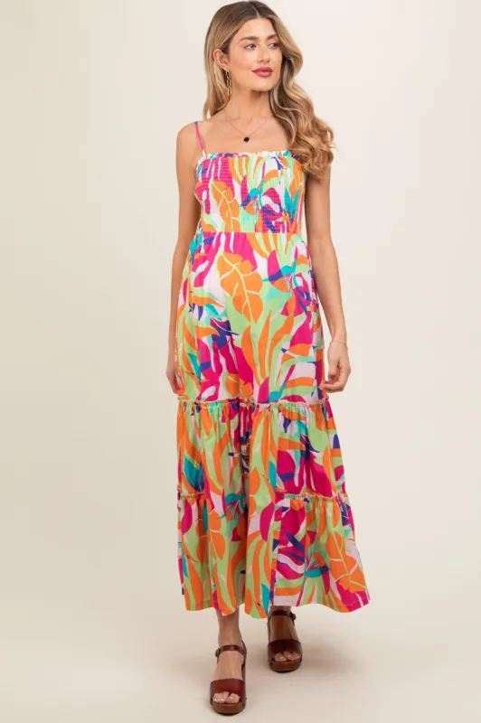 Green Printed Smocked Bodice Tiered Maternity Maxi Dress sold by Pinkblush