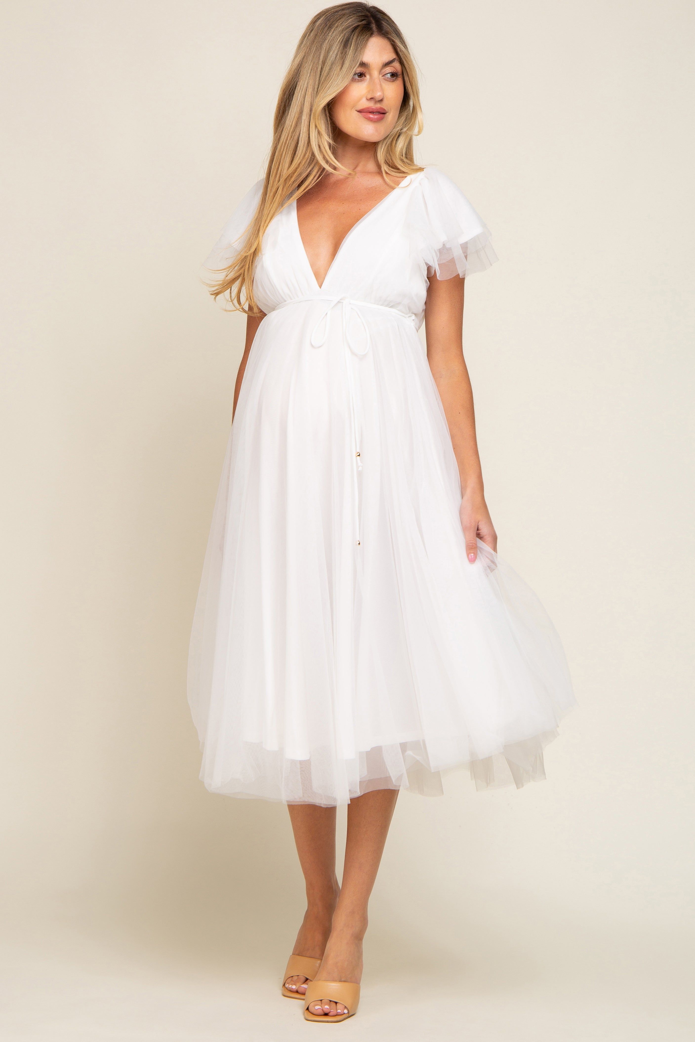 White Tulle V-Neck Flutter Sleeve Maternity Midi Dress sold by Pinkblush