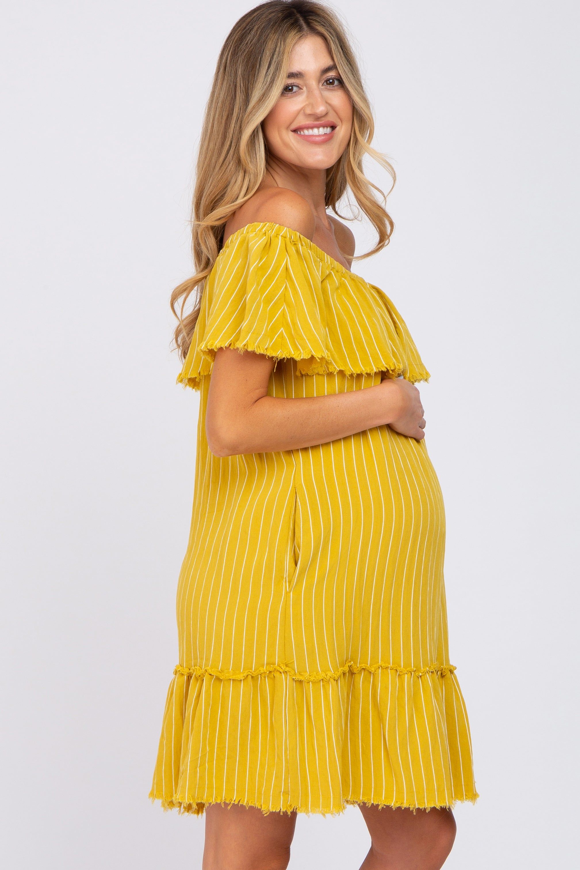Mustard Striped Off Shoulder Frayed Maternity Dress sold by Pinkblush product image thumbnail 3