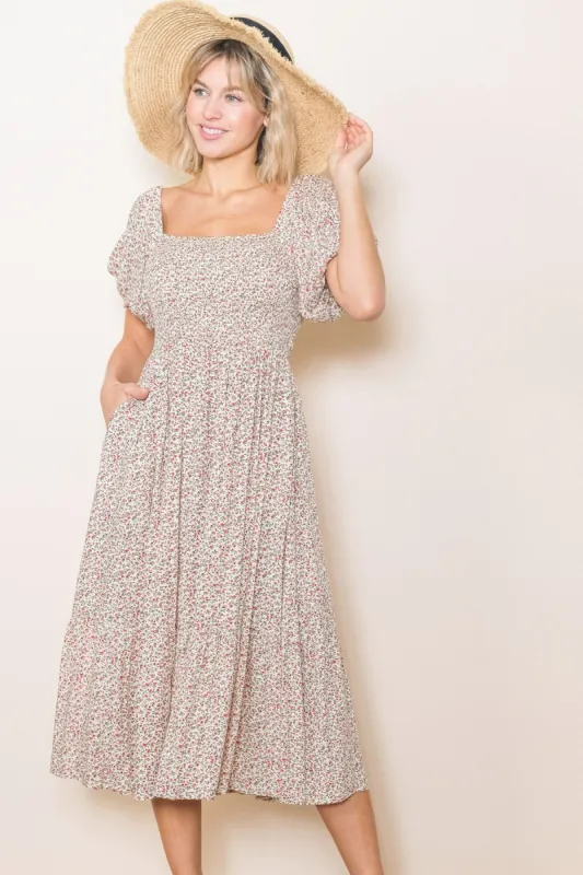 Cream Floral Smocked Midi Dress sold by Pinkblush