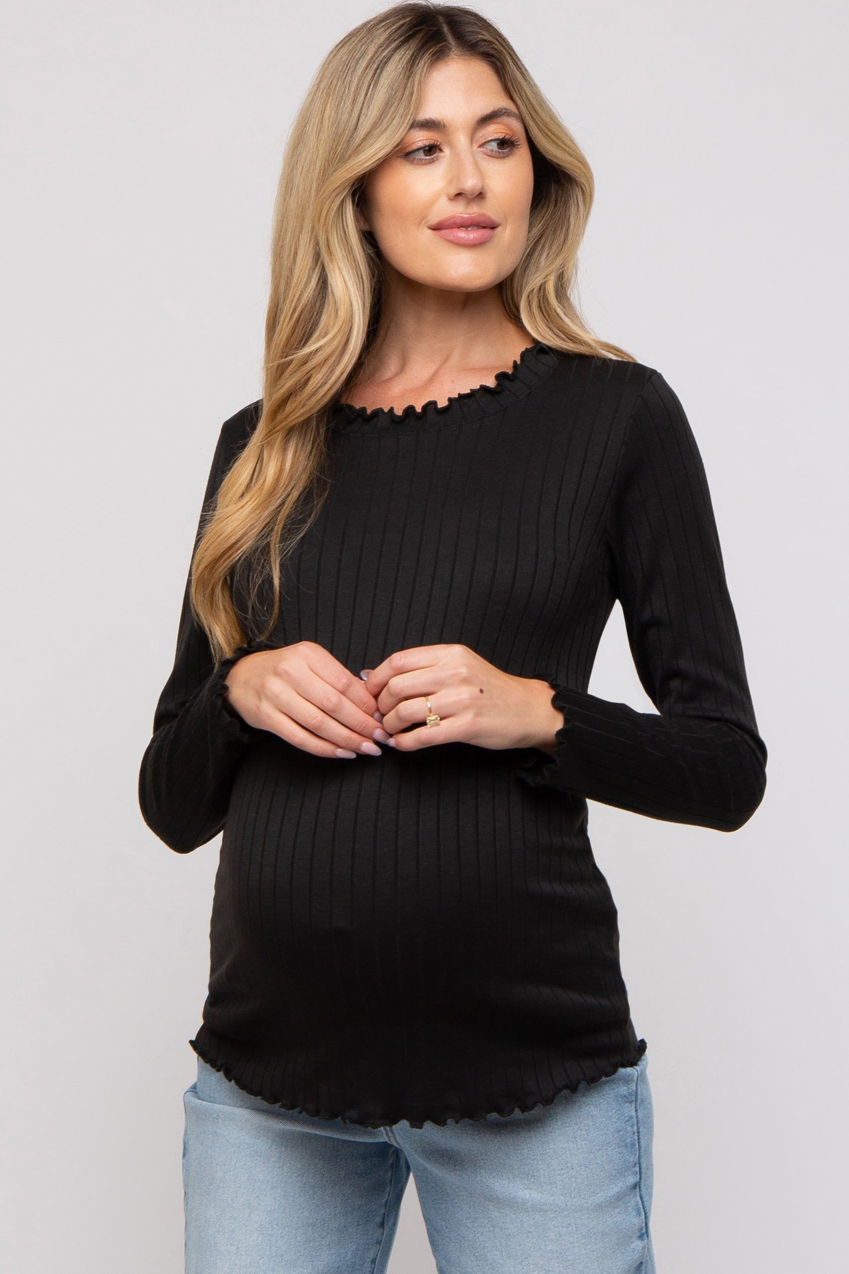 Black Rib Knit Lettuce Trim Maternity Long Sleeve Top sold by Pinkblush