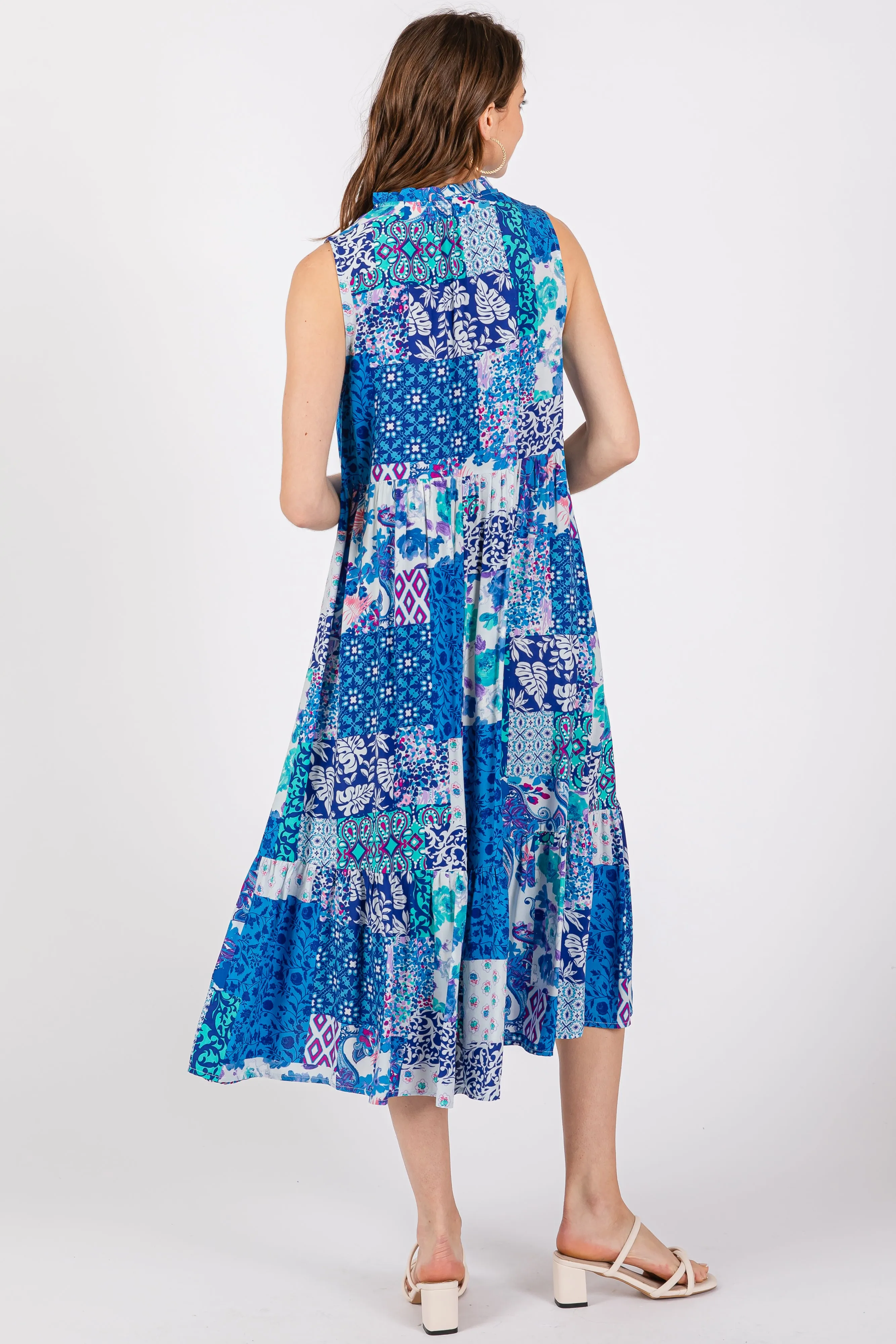 Blue Floral Paisley Tassel Tie Ruffle Hem Midi Dress sold by Pinkblush product image thumbnail 3