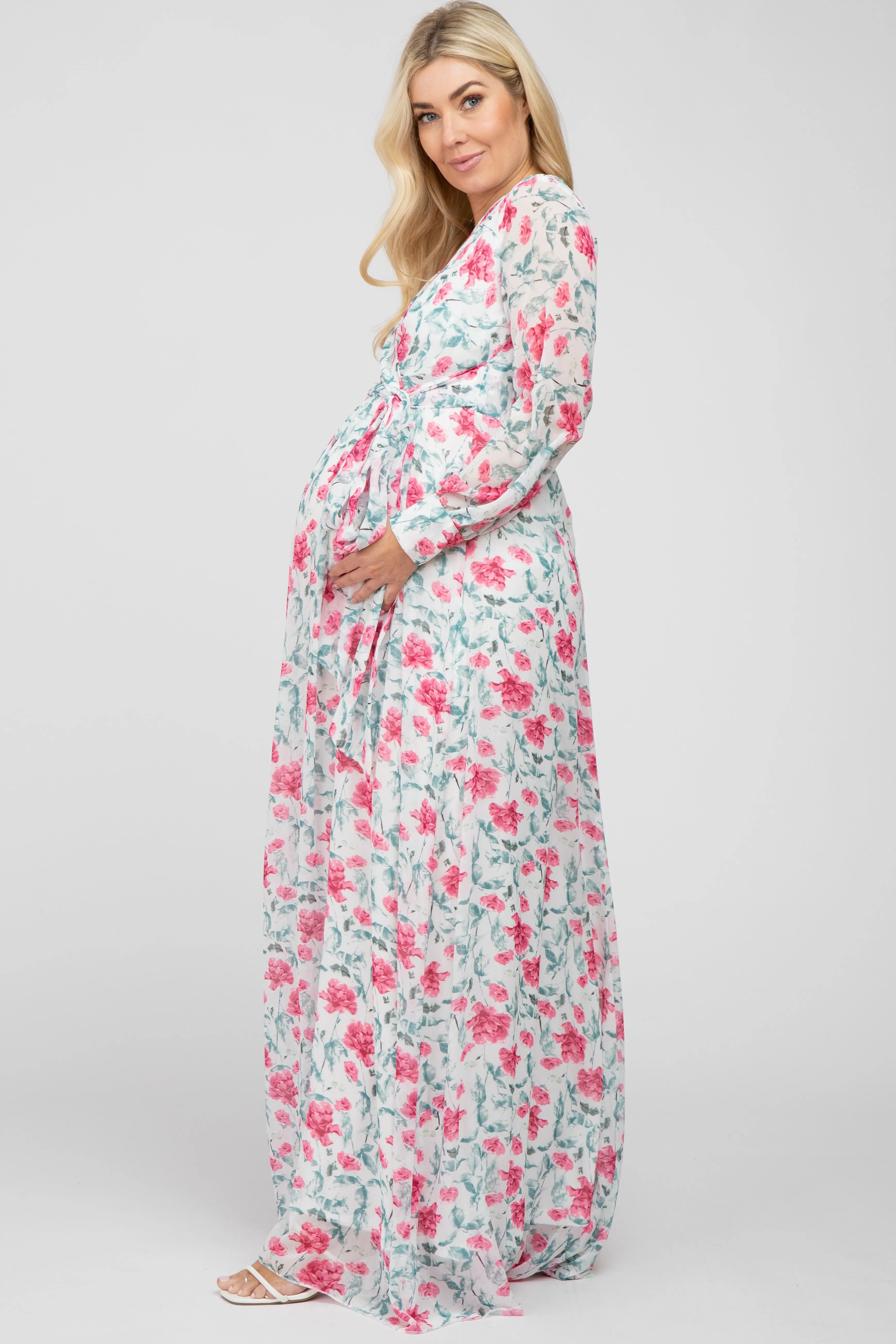 Ivory Floral Chiffon Long Sleeve Pleated Maternity Maxi Dress sold by Pinkblush product image thumbnail 2