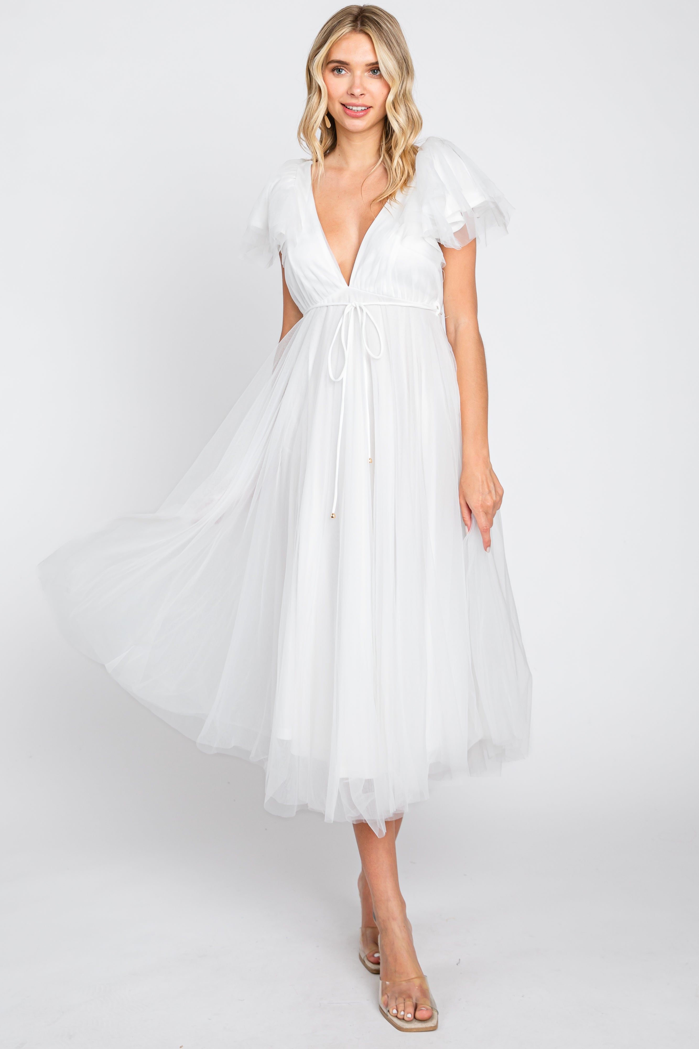 White Tulle V-Neck Flutter Sleeve Maternity Midi Dress sold by Pinkblush product image thumbnail 5