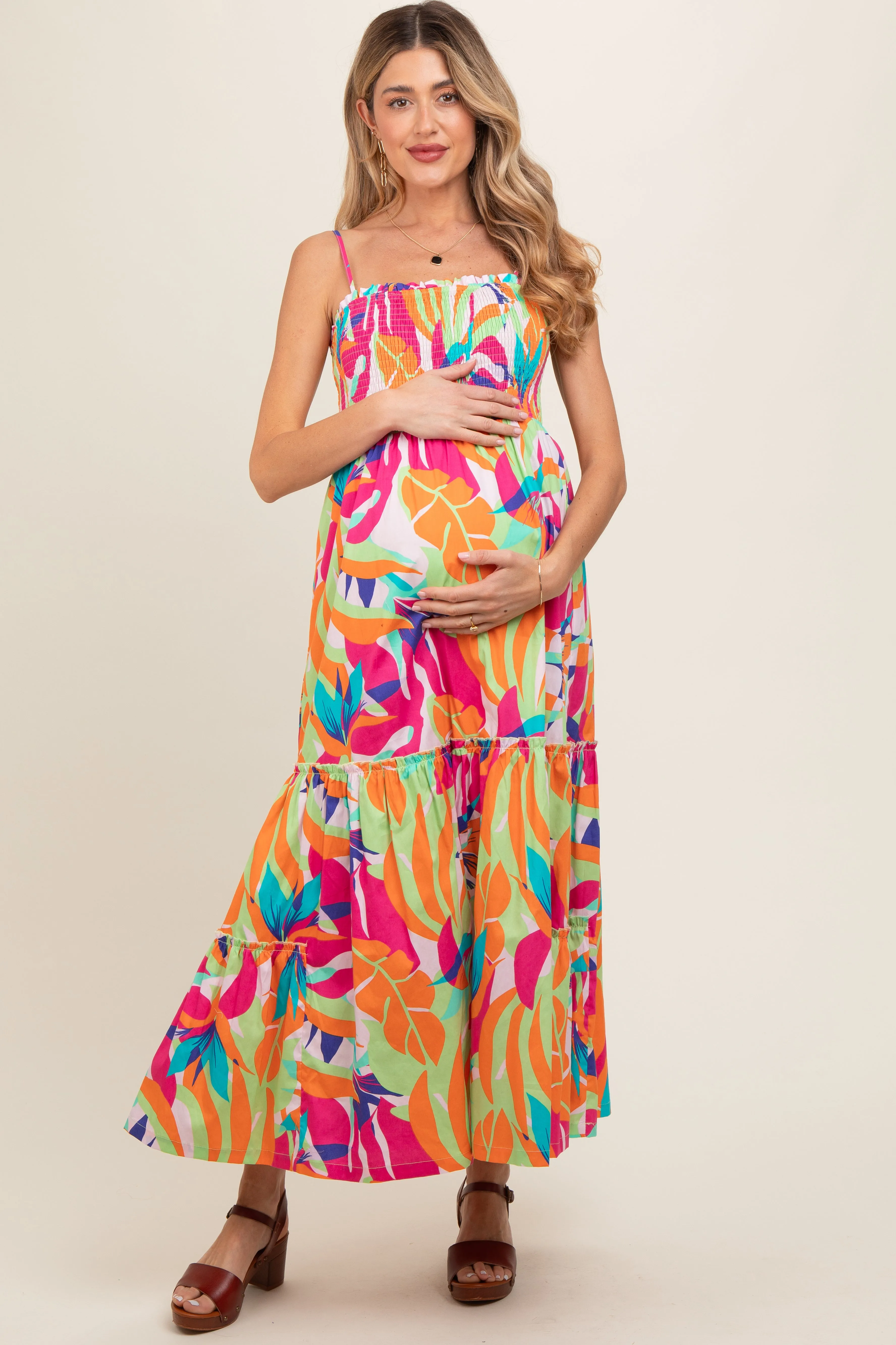Green Printed Smocked Bodice Tiered Maternity Maxi Dress sold by Pinkblush product image thumbnail 2