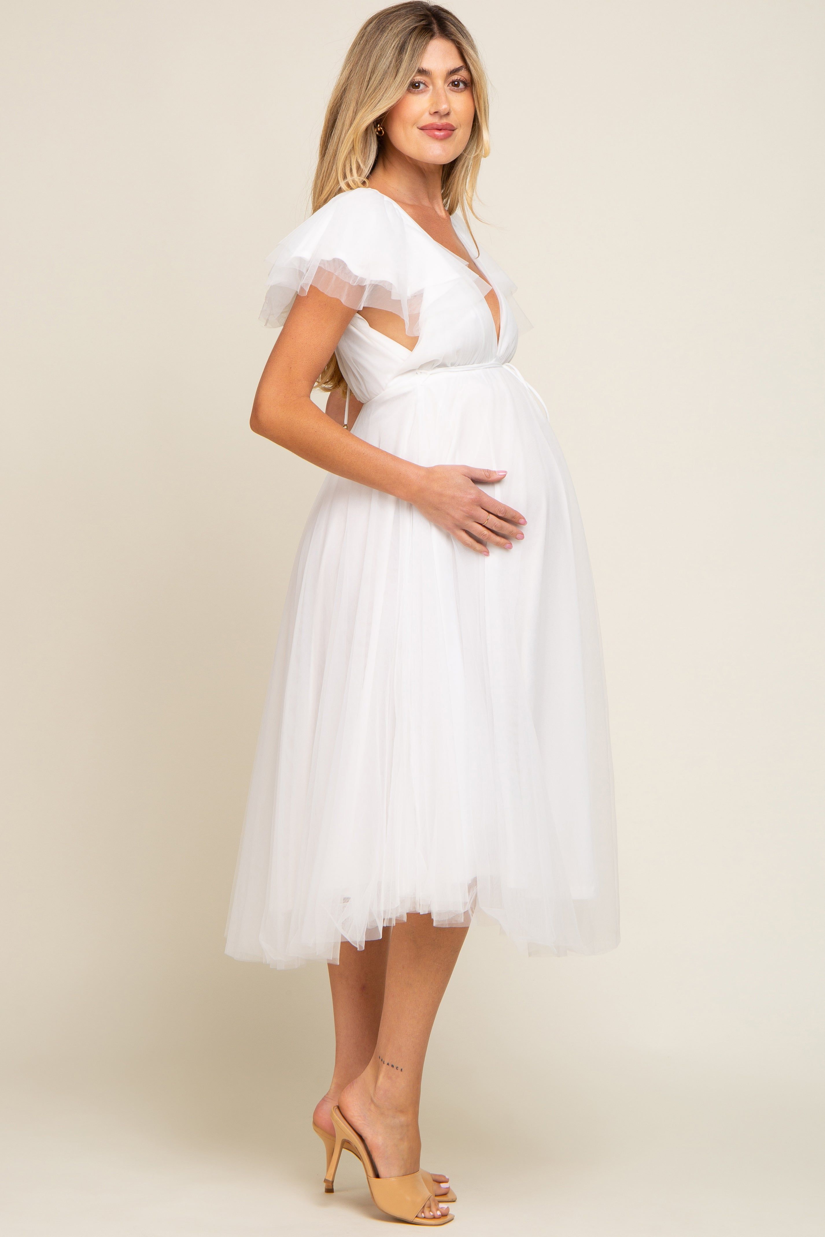 White Tulle V-Neck Flutter Sleeve Maternity Midi Dress sold by Pinkblush product image thumbnail 2