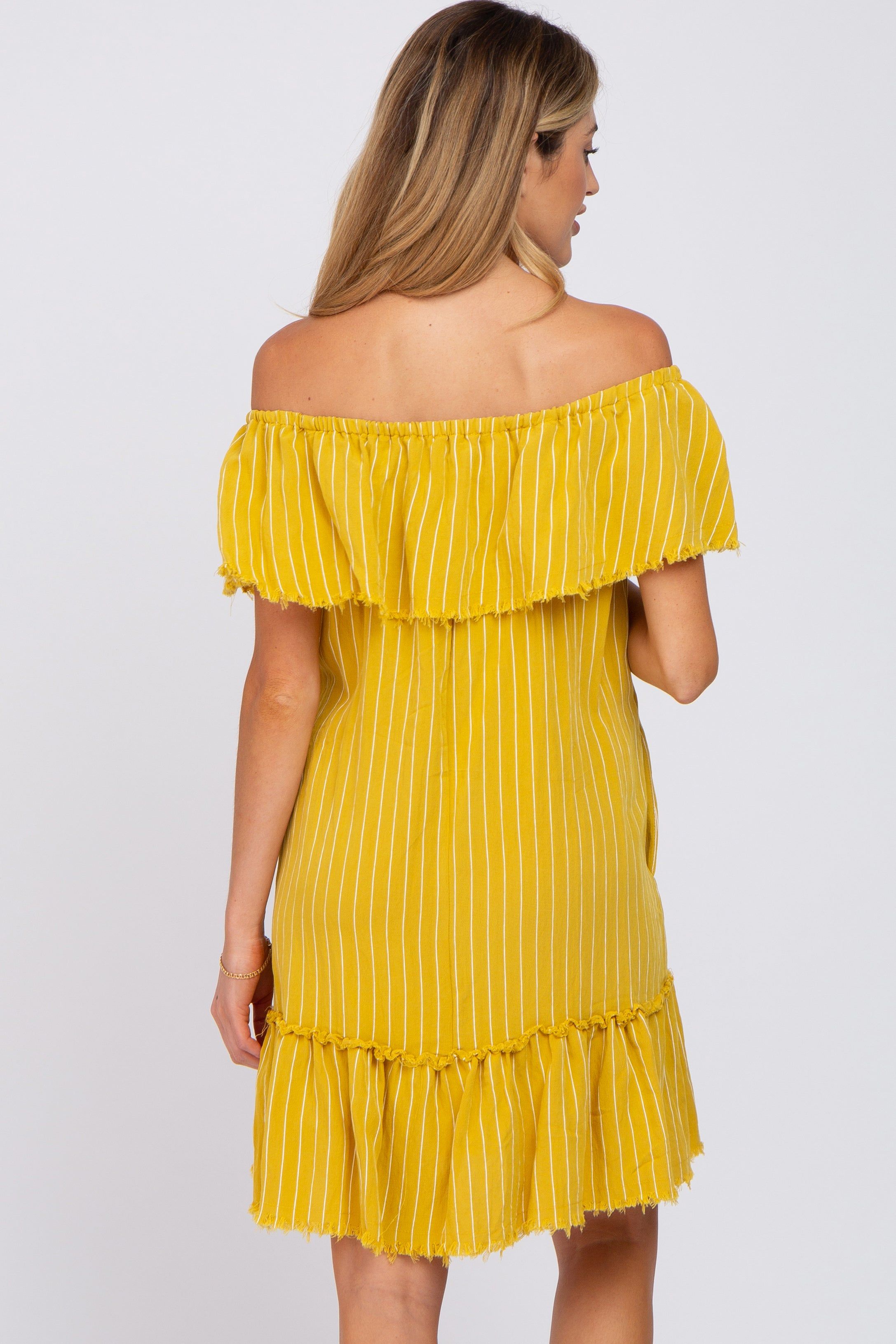 Mustard Striped Off Shoulder Frayed Maternity Dress sold by Pinkblush product image thumbnail 4