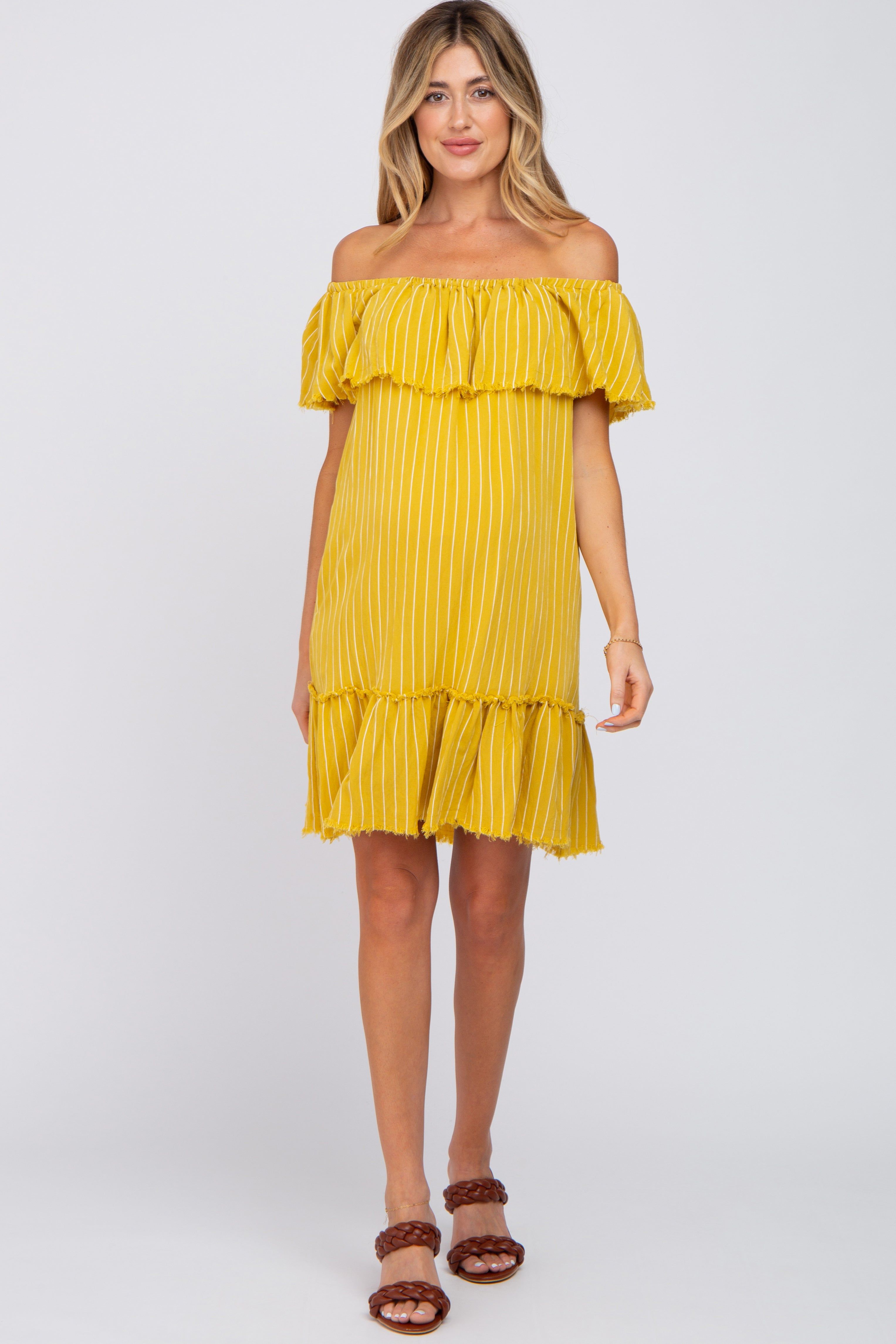 Mustard Striped Off Shoulder Frayed Maternity Dress sold by Pinkblush