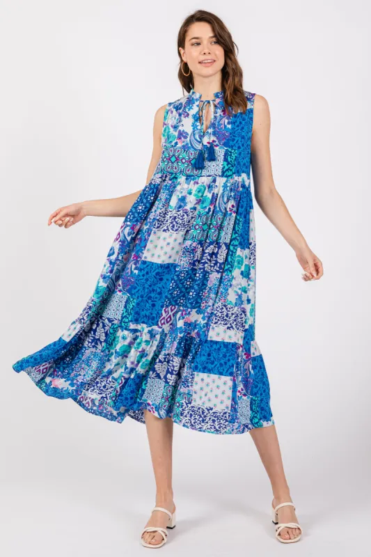 Blue Floral Paisley Tassel Tie Ruffle Hem Midi Dress sold by Pinkblush
