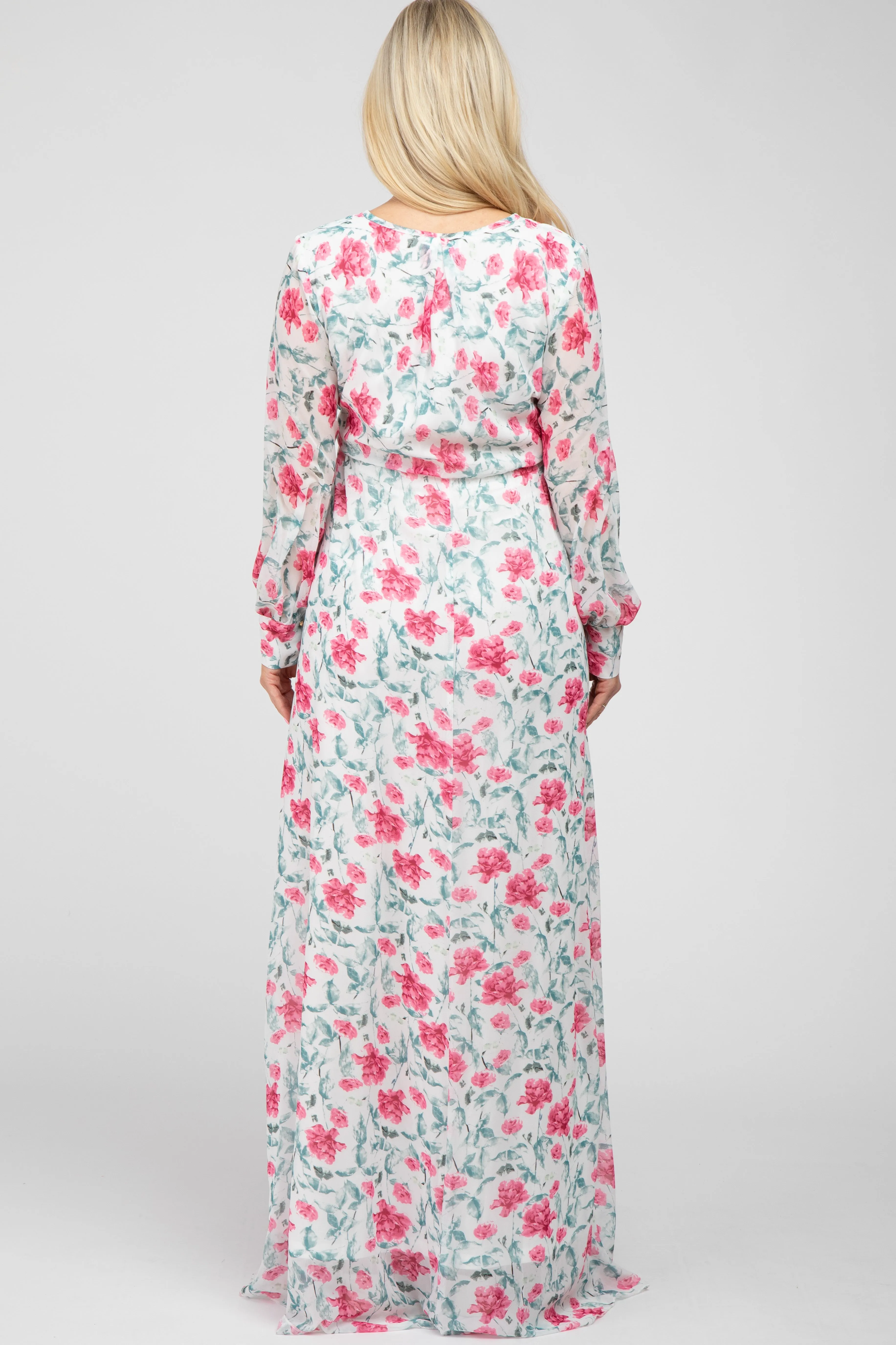 Ivory Floral Chiffon Long Sleeve Pleated Maternity Maxi Dress sold by Pinkblush product image thumbnail 3