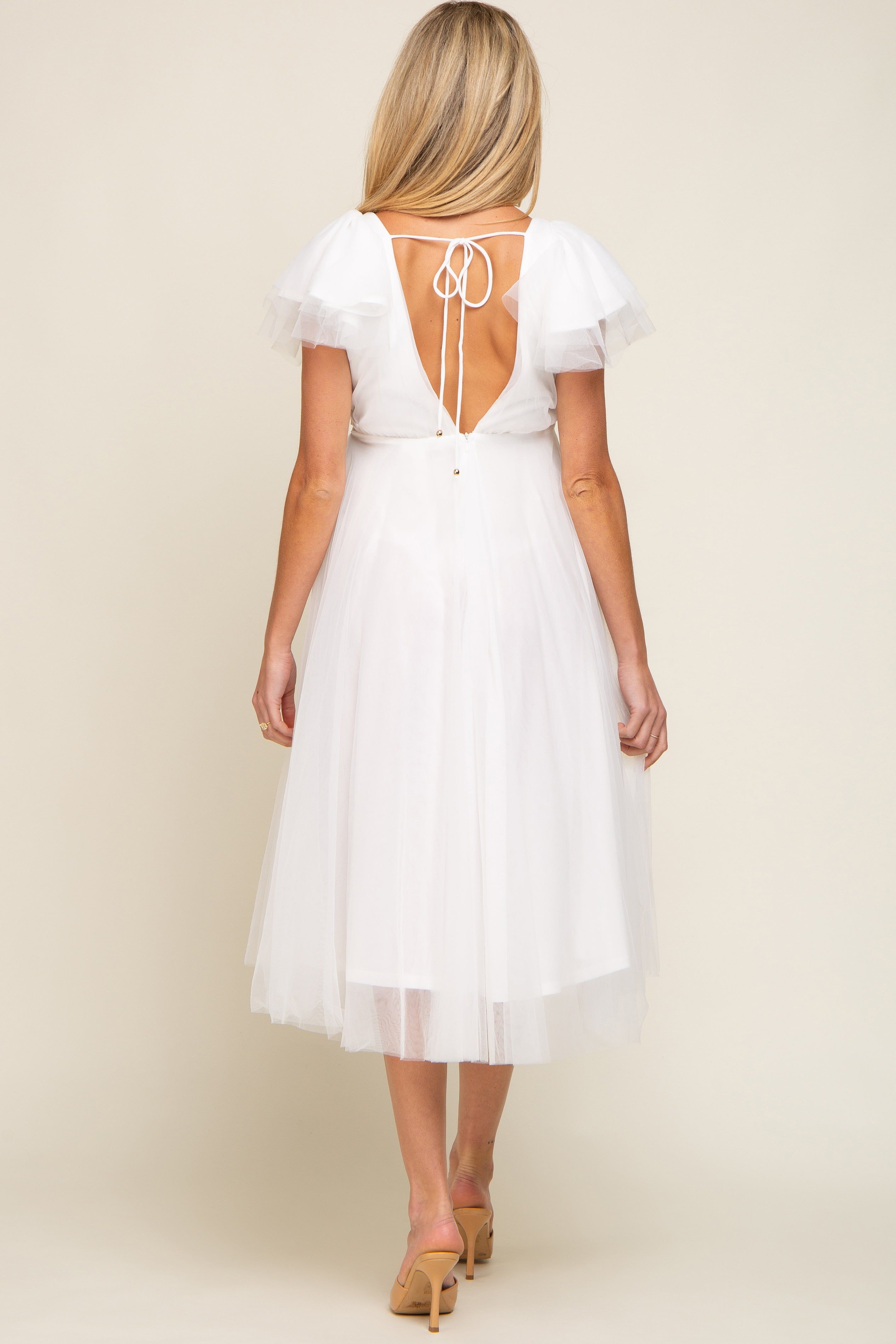 White Tulle V-Neck Flutter Sleeve Maternity Midi Dress sold by Pinkblush product image thumbnail 3