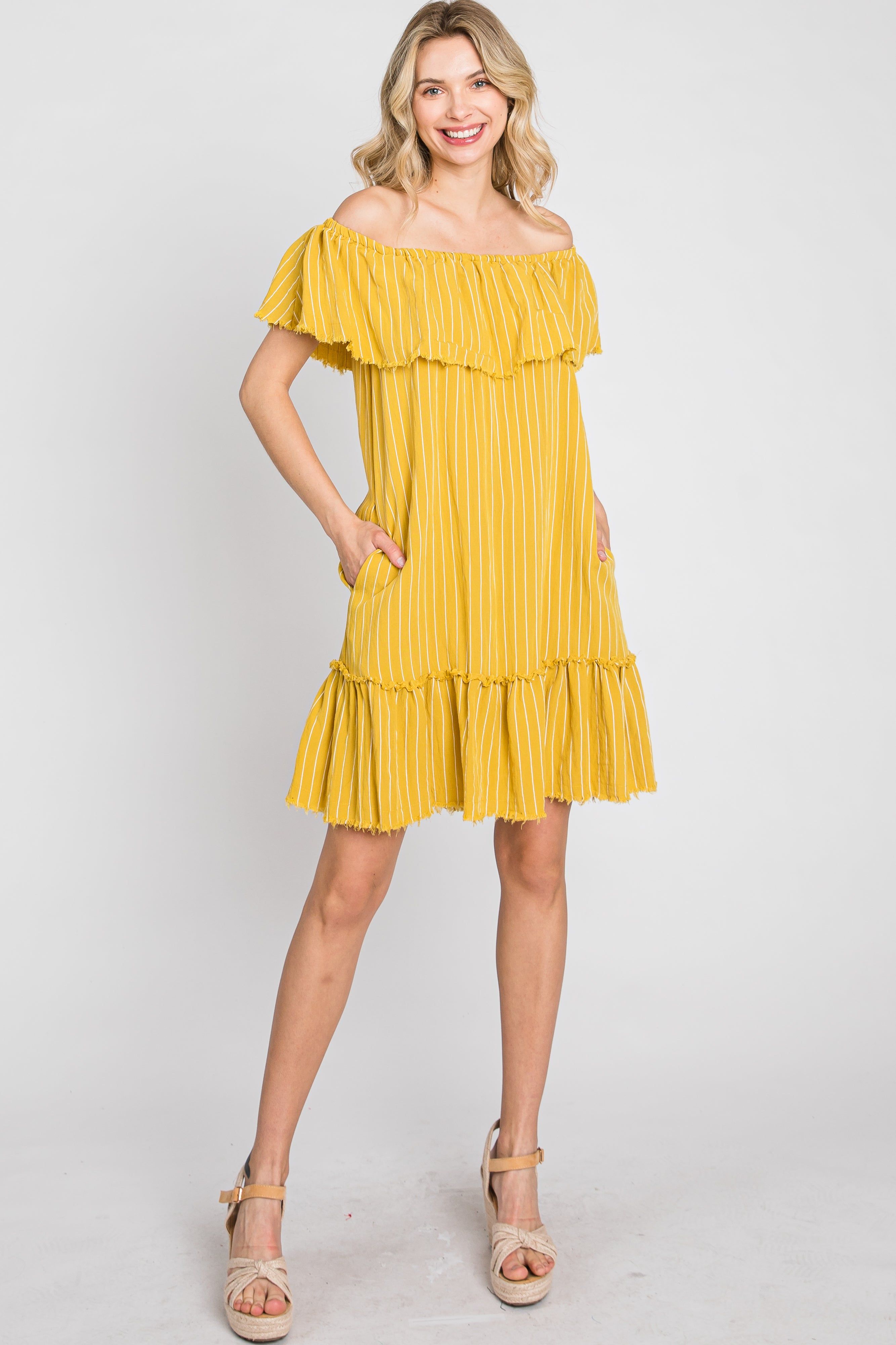 Mustard Striped Off Shoulder Frayed Maternity Dress sold by Pinkblush product image thumbnail 5