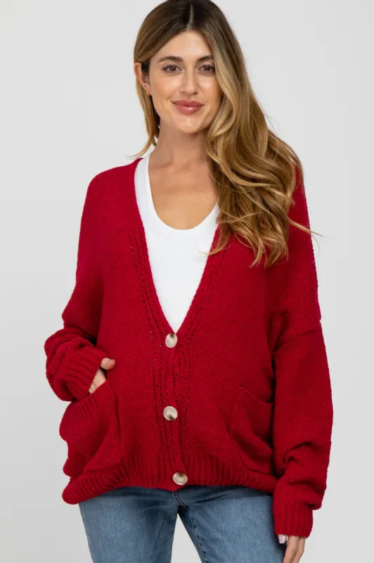 Red Oversized Deep V-Neck Maternity Cardigan sold by Pinkblush