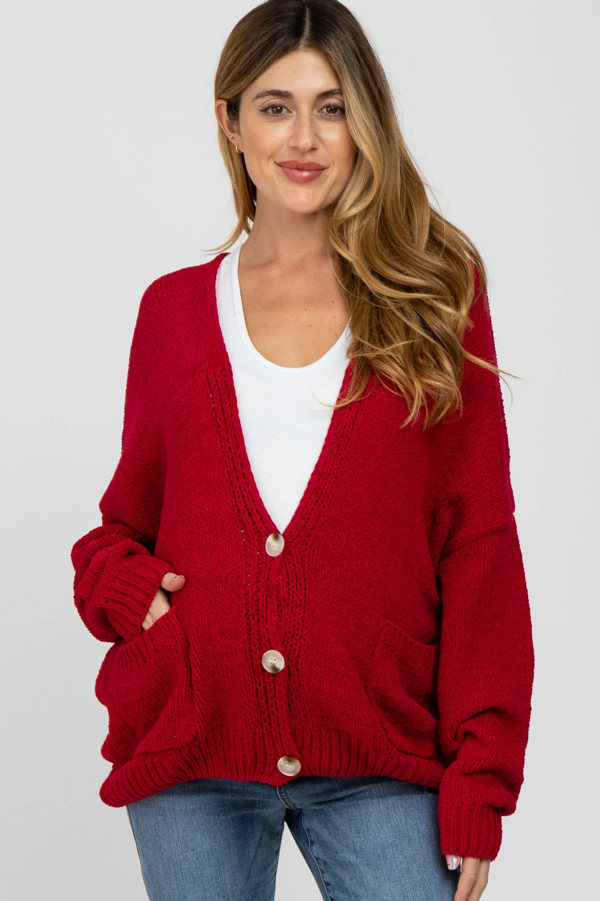 Red Oversized Deep V-Neck Maternity Cardigan sold by Pinkblush