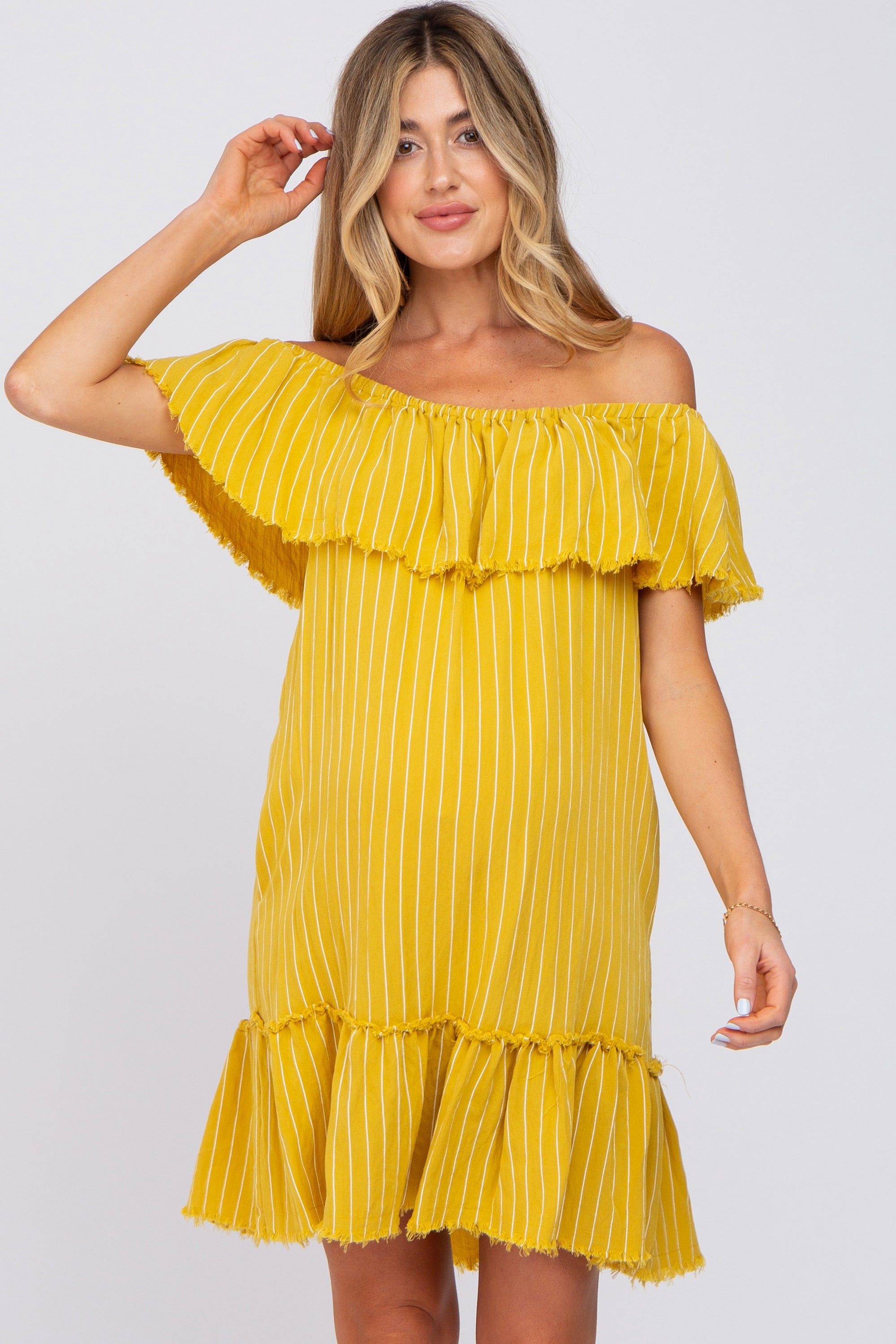 Mustard Striped Off Shoulder Frayed Maternity Dress sold by Pinkblush product image thumbnail 2