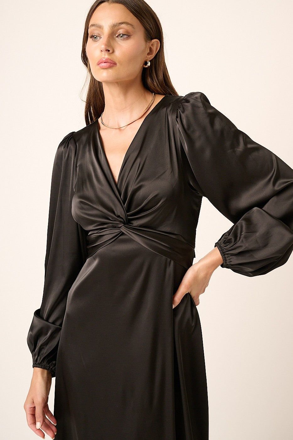 Black Satin Twist Front Detail Midi Dress sold by Pinkblush product image thumbnail 4