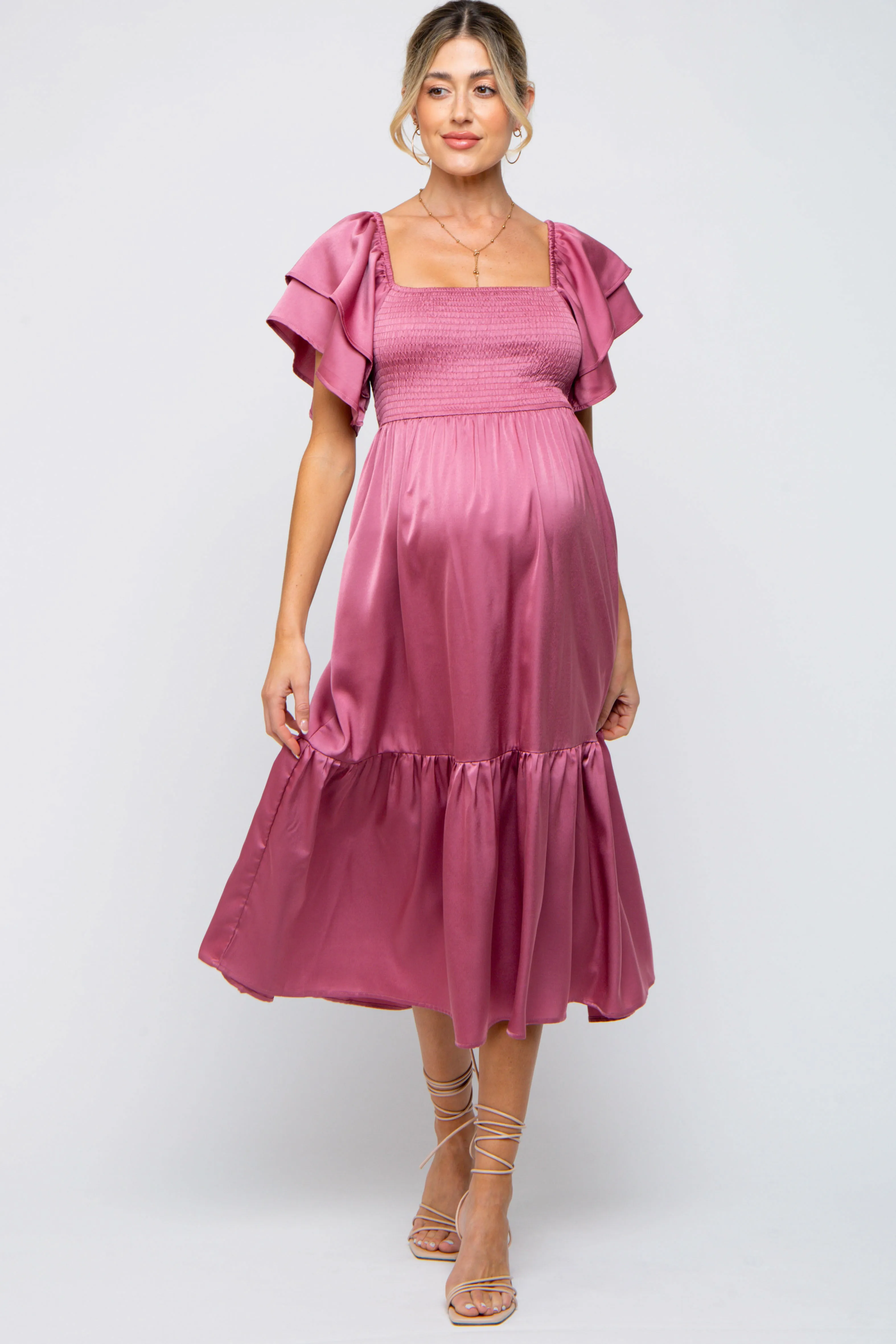 Mauve Satin Flutter Sleeve Maternity Midi Dress sold by Pinkblush