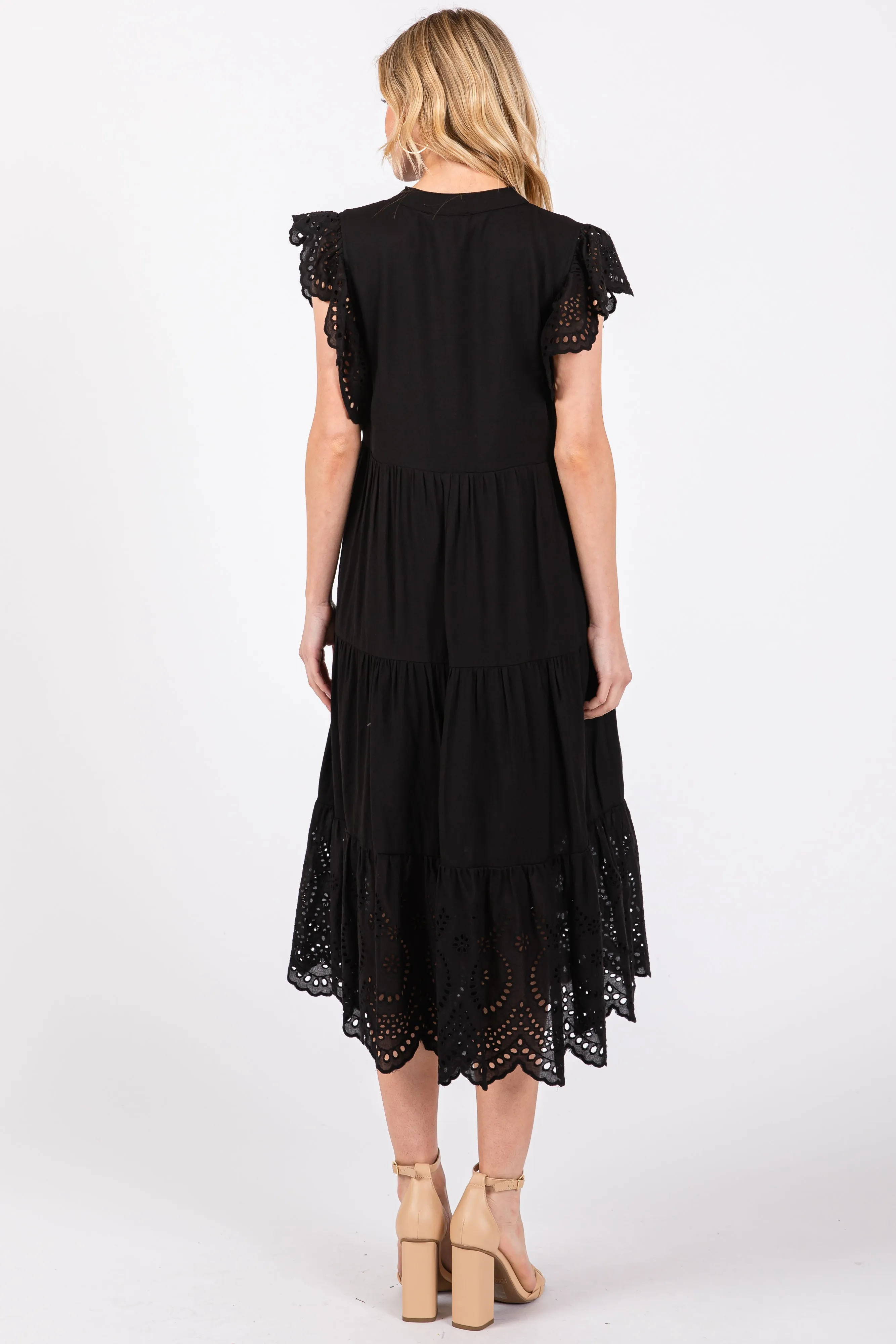 Black V-Neck Eyelet Detail Ruffle Shoulder Tiered Midi Dress sold by Pinkblush product image thumbnail 3