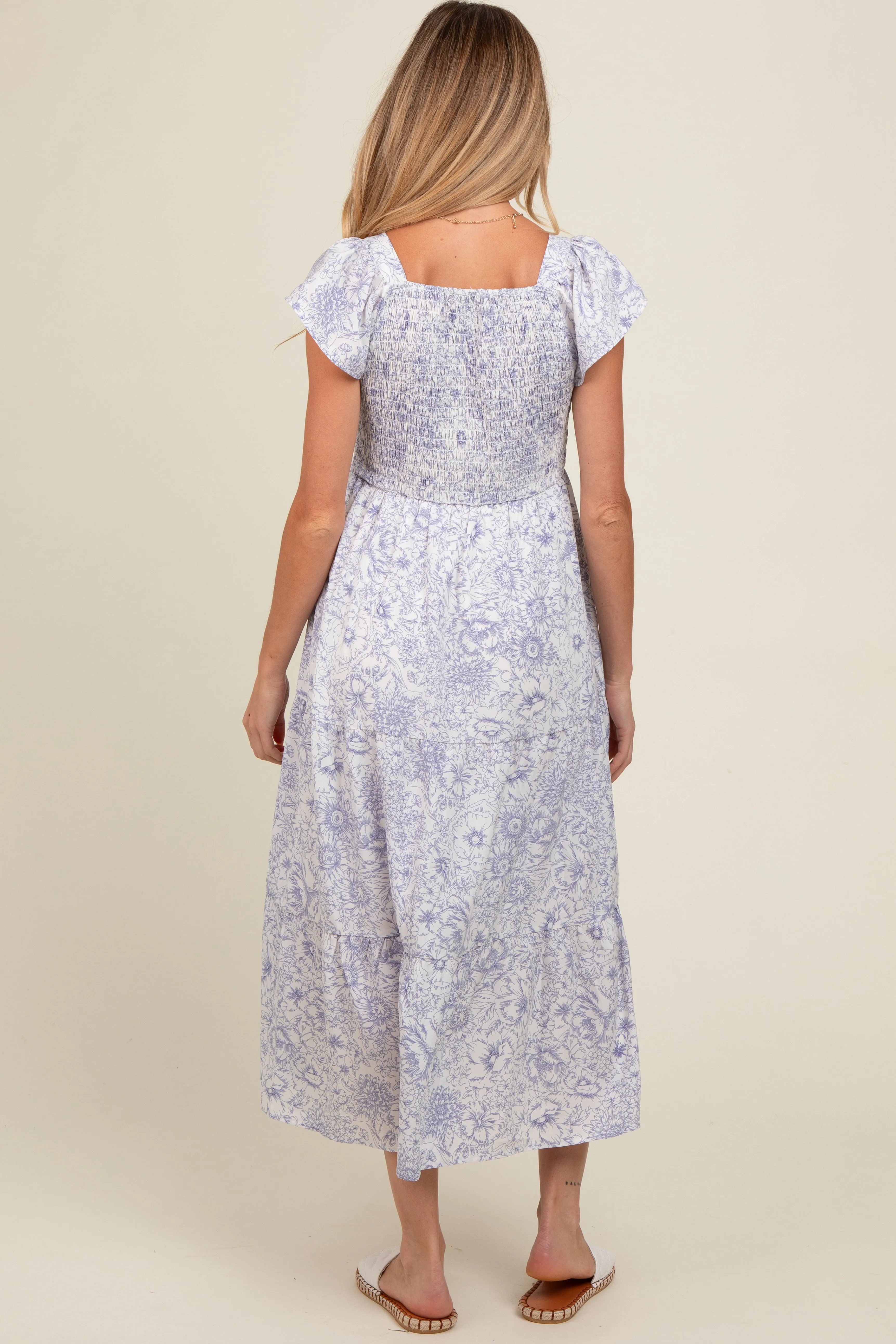 Ivory Floral Ruched Front Flutter Sleeve Tiered Maternity Midi Dress sold by Pinkblush product image thumbnail 4