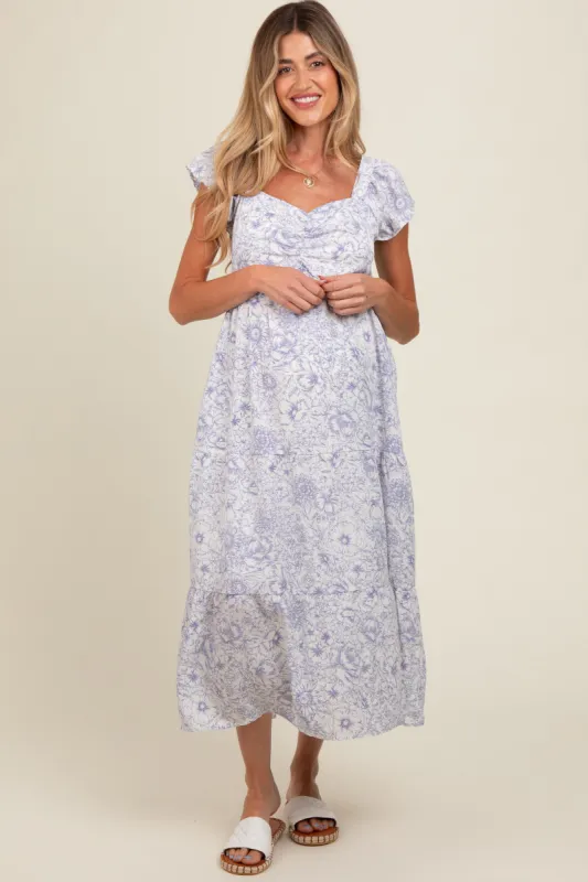 Ivory Floral Ruched Front Flutter Sleeve Tiered Maternity Midi Dress sold by Pinkblush