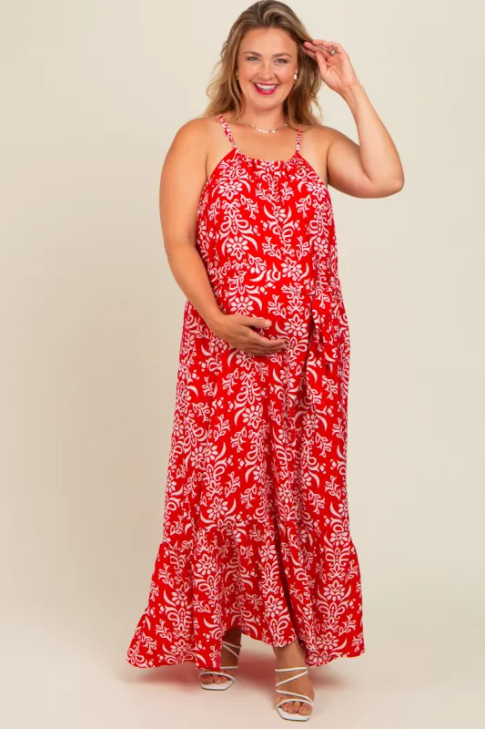 Red Floral Self Tie Sleeveless Maternity Dress sold by Pinkblush