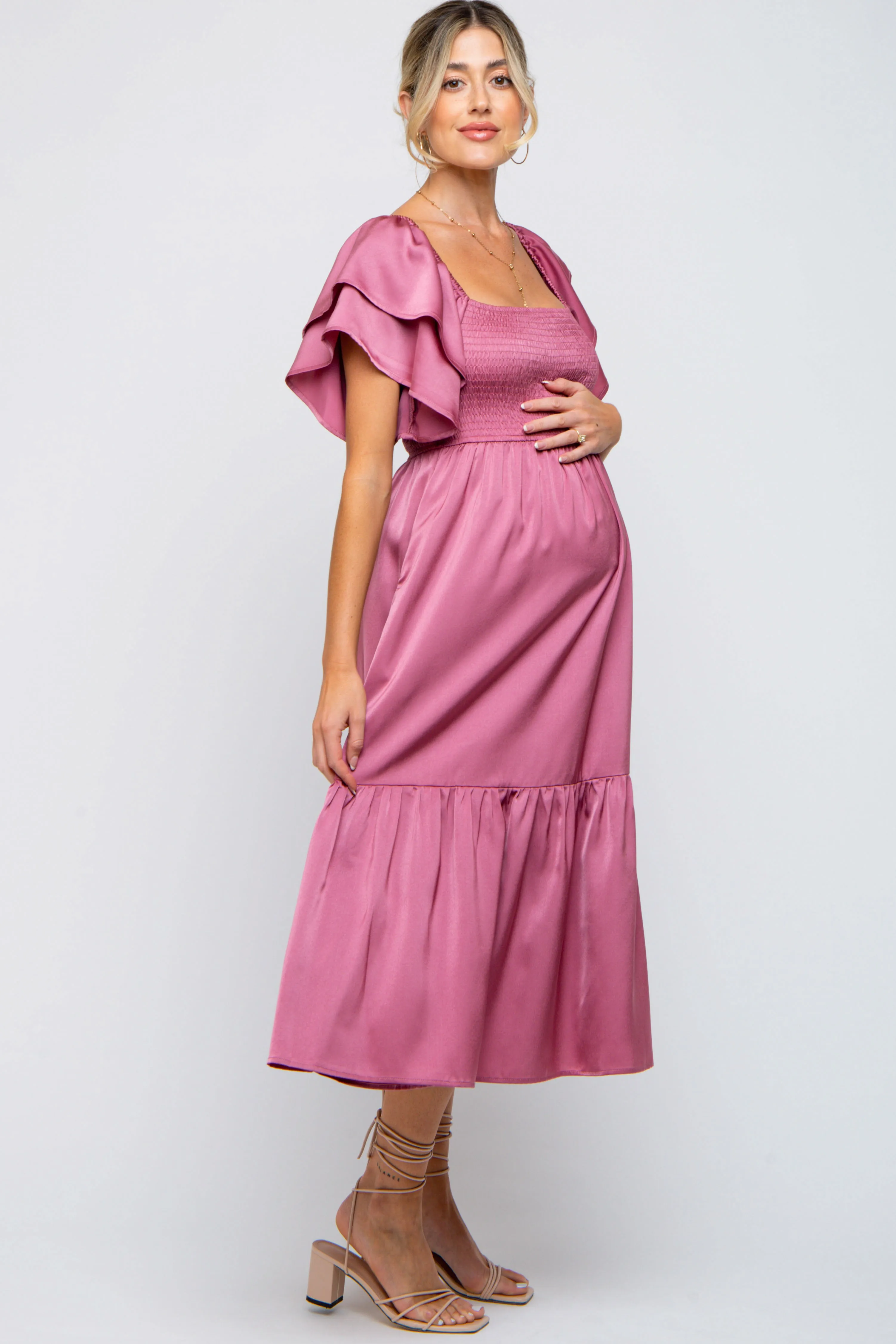 Mauve Satin Flutter Sleeve Maternity Midi Dress sold by Pinkblush product image thumbnail 2