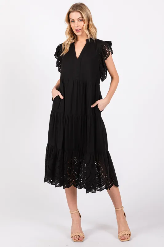 Black V-Neck Eyelet Detail Ruffle Shoulder Tiered Midi Dress sold by Pinkblush