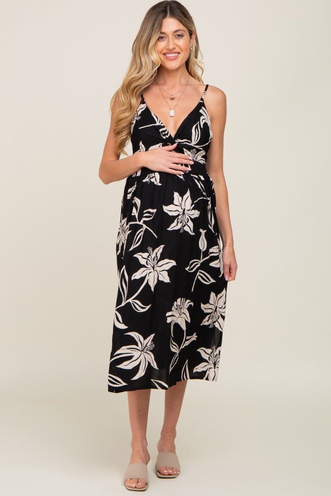Black Floral Front Twist Maternity Midi Dress sold by Pinkblush product image thumbnail 4