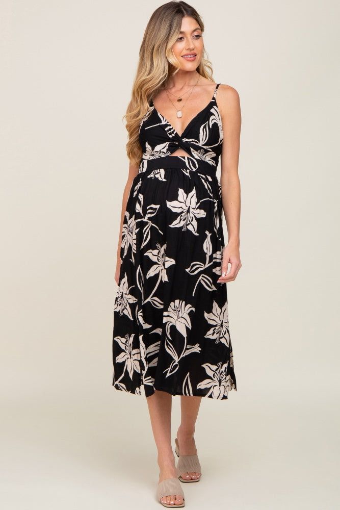 Black Floral Front Twist Maternity Midi Dress sold by Pinkblush