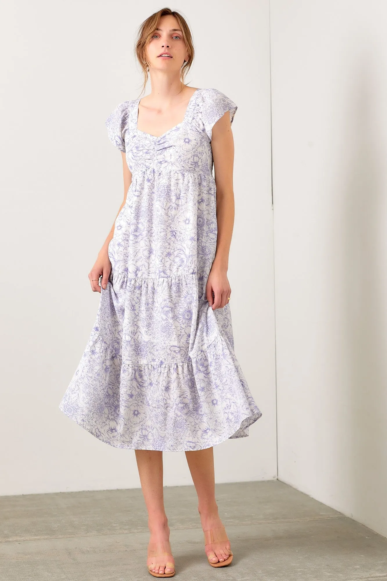 Ivory Floral Ruched Front Flutter Sleeve Tiered Maternity Midi Dress sold by Pinkblush product image thumbnail 5