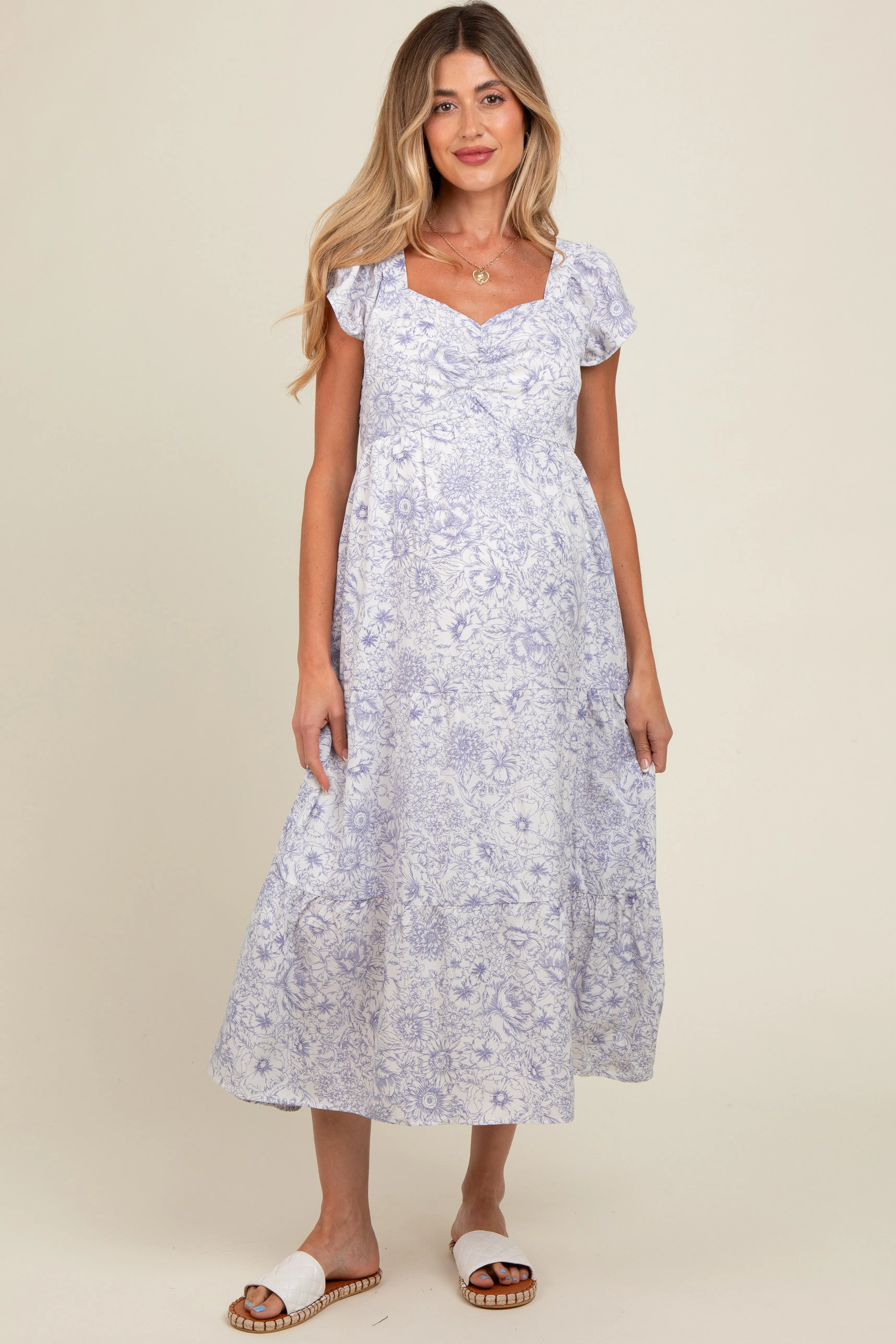 Ivory Floral Ruched Front Flutter Sleeve Tiered Maternity Midi Dress sold by Pinkblush product image thumbnail 2