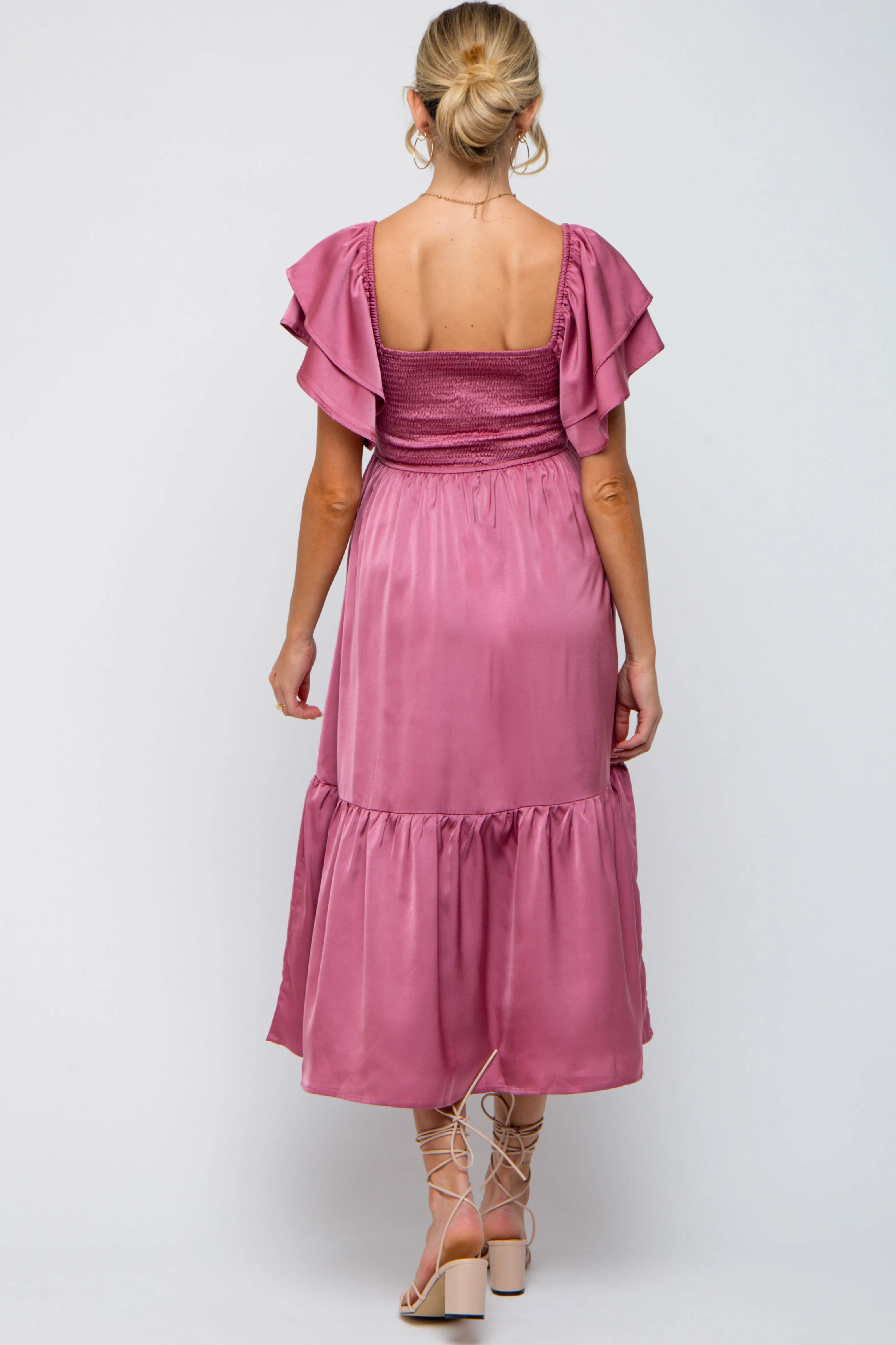 Mauve Satin Flutter Sleeve Maternity Midi Dress sold by Pinkblush product image thumbnail 3