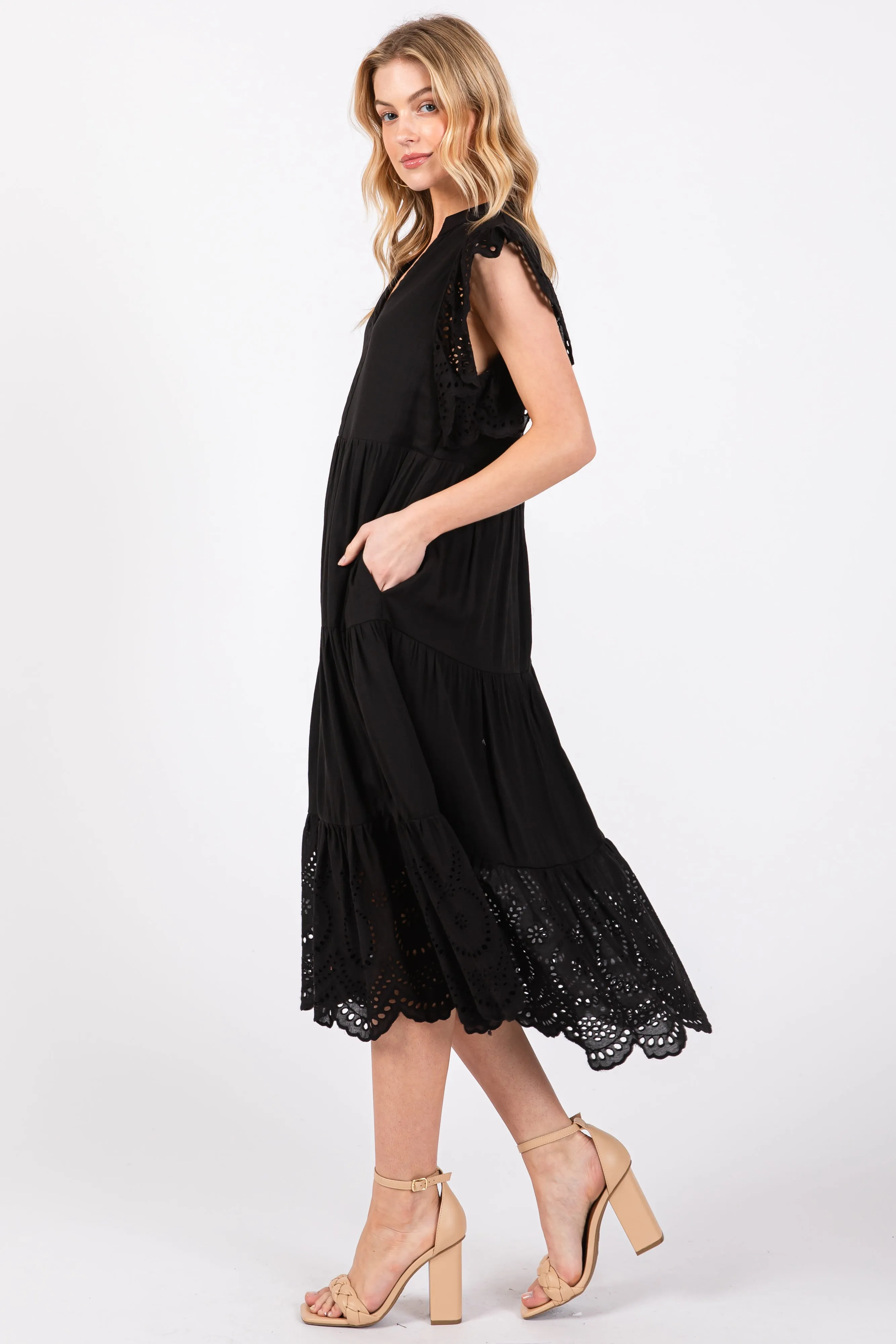 Black V-Neck Eyelet Detail Ruffle Shoulder Tiered Midi Dress sold by Pinkblush product image thumbnail 2