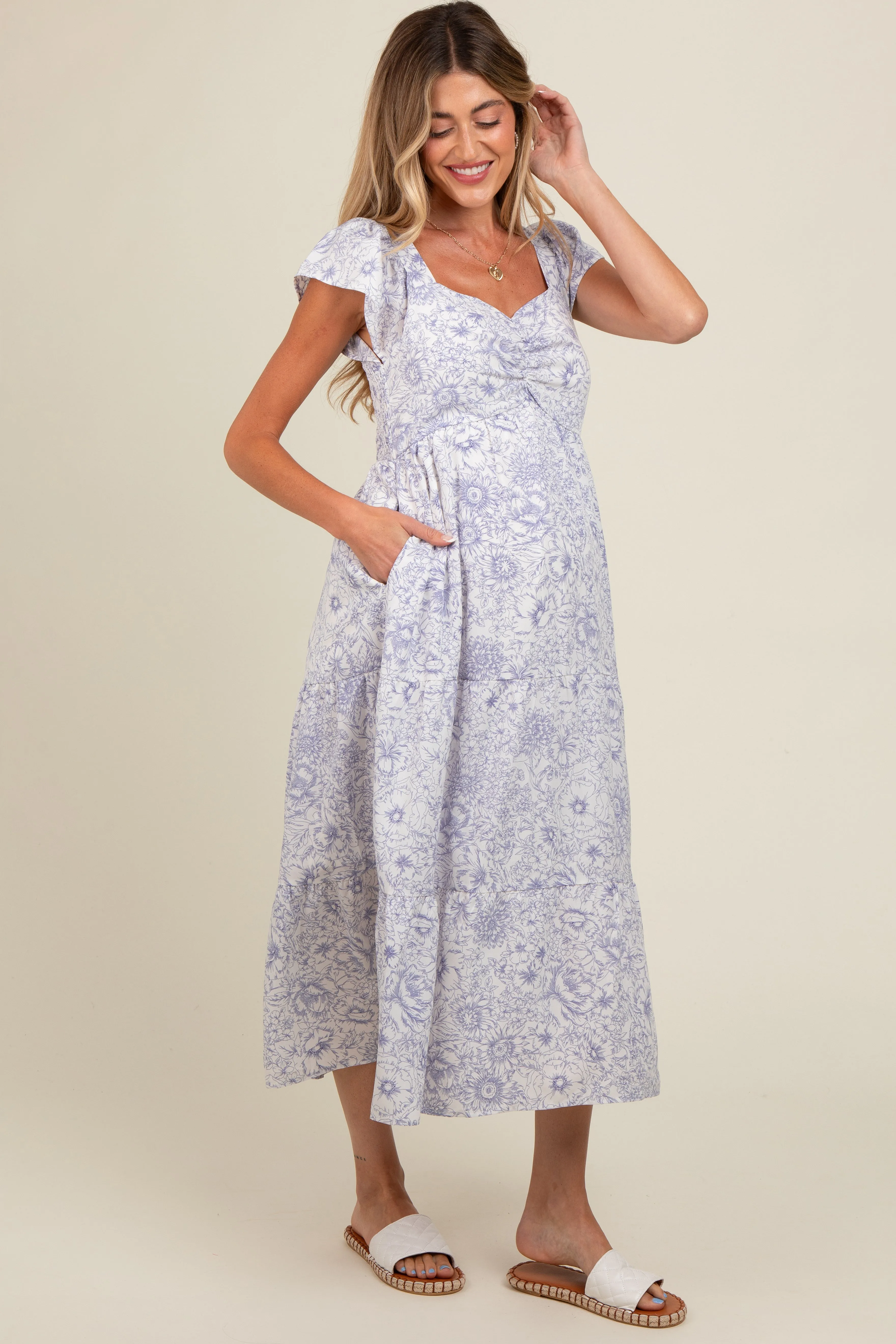 Ivory Floral Ruched Front Flutter Sleeve Tiered Maternity Midi Dress sold by Pinkblush product image thumbnail 3