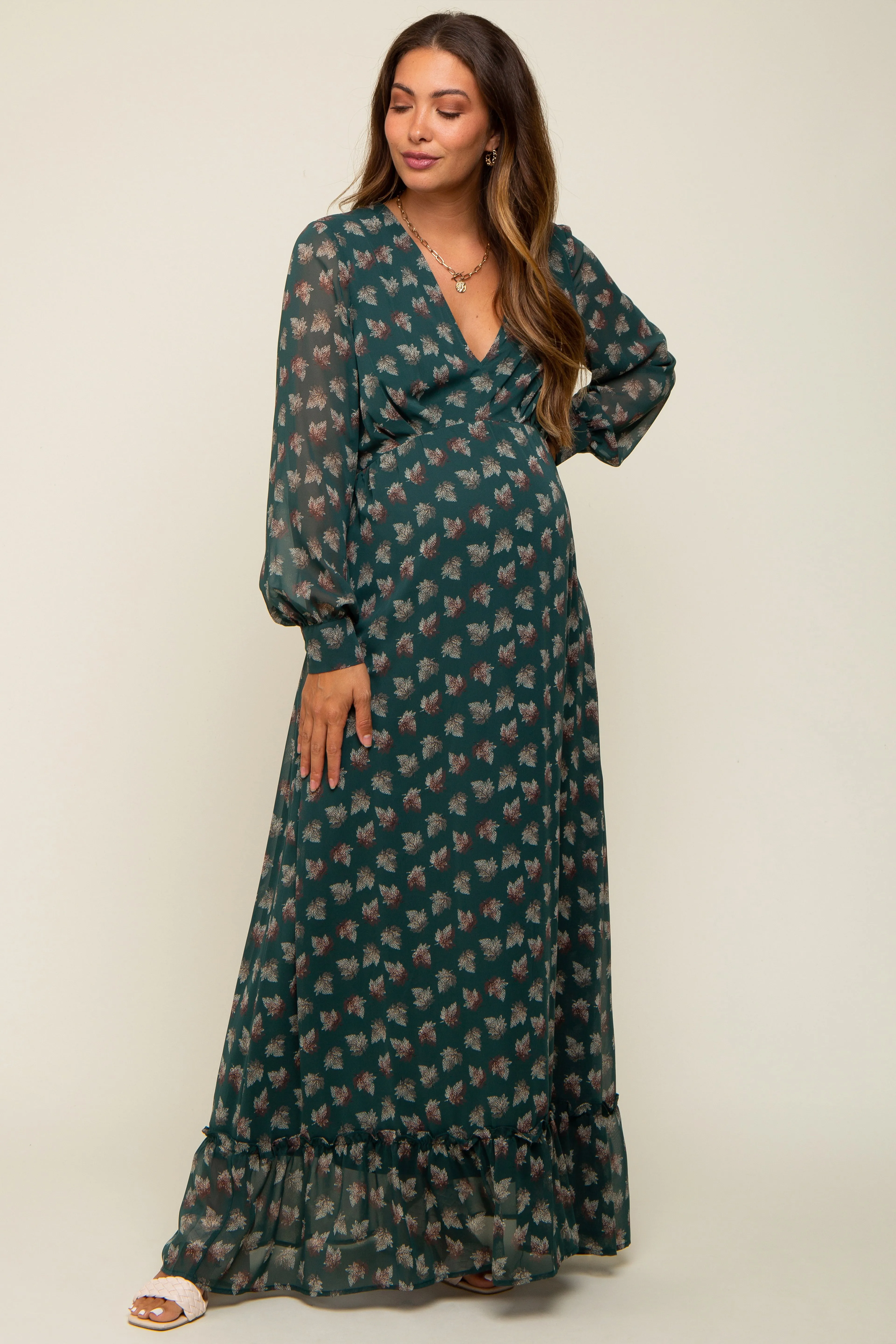 Forest Green Leaf Print Balloon Sleeve Maternity Maxi Dress sold by Pinkblush product image thumbnail 2